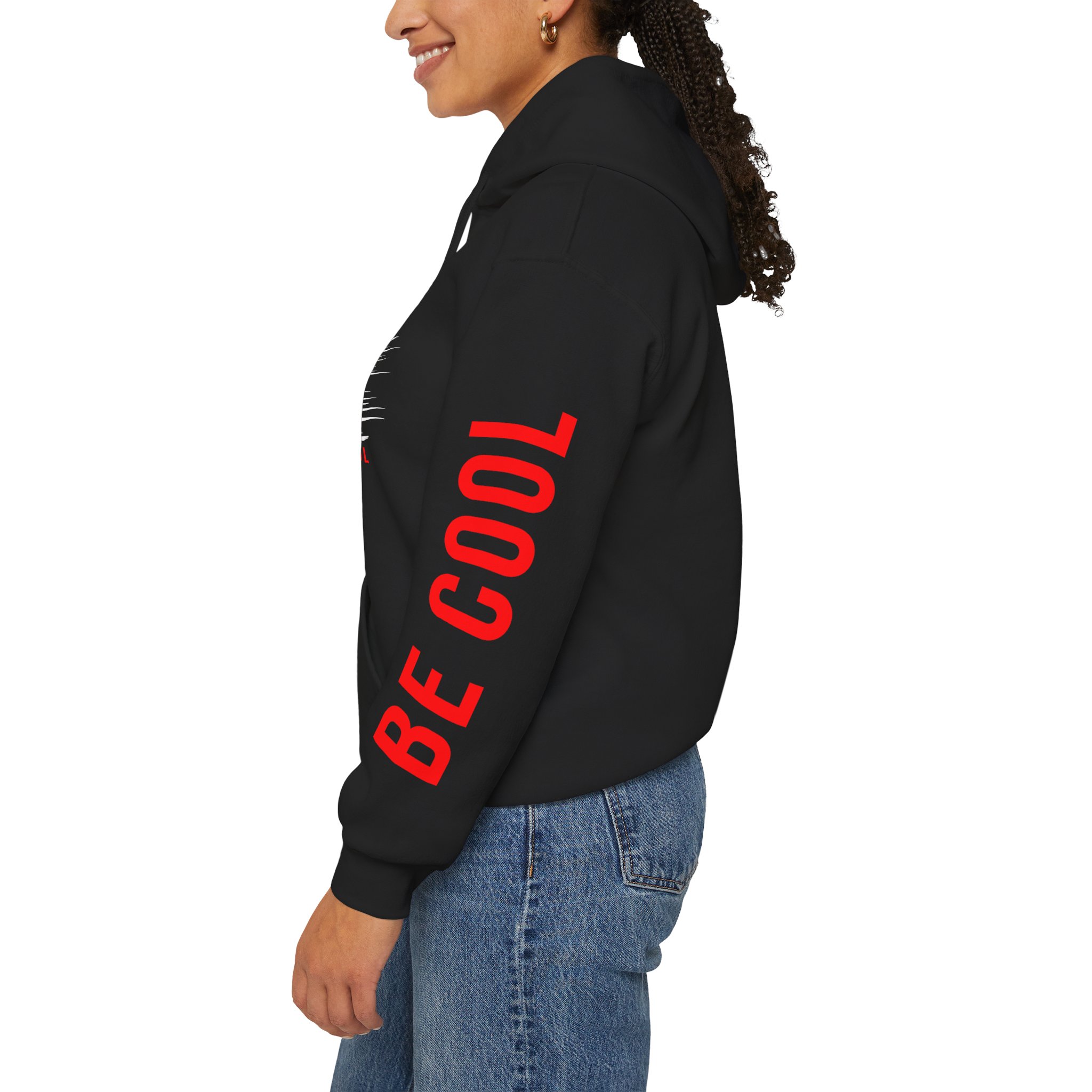 Just Be Cool Hoodie – Graphic Black Pullover with "JUST" Chest Print & Red Sleeve Text - Image 3