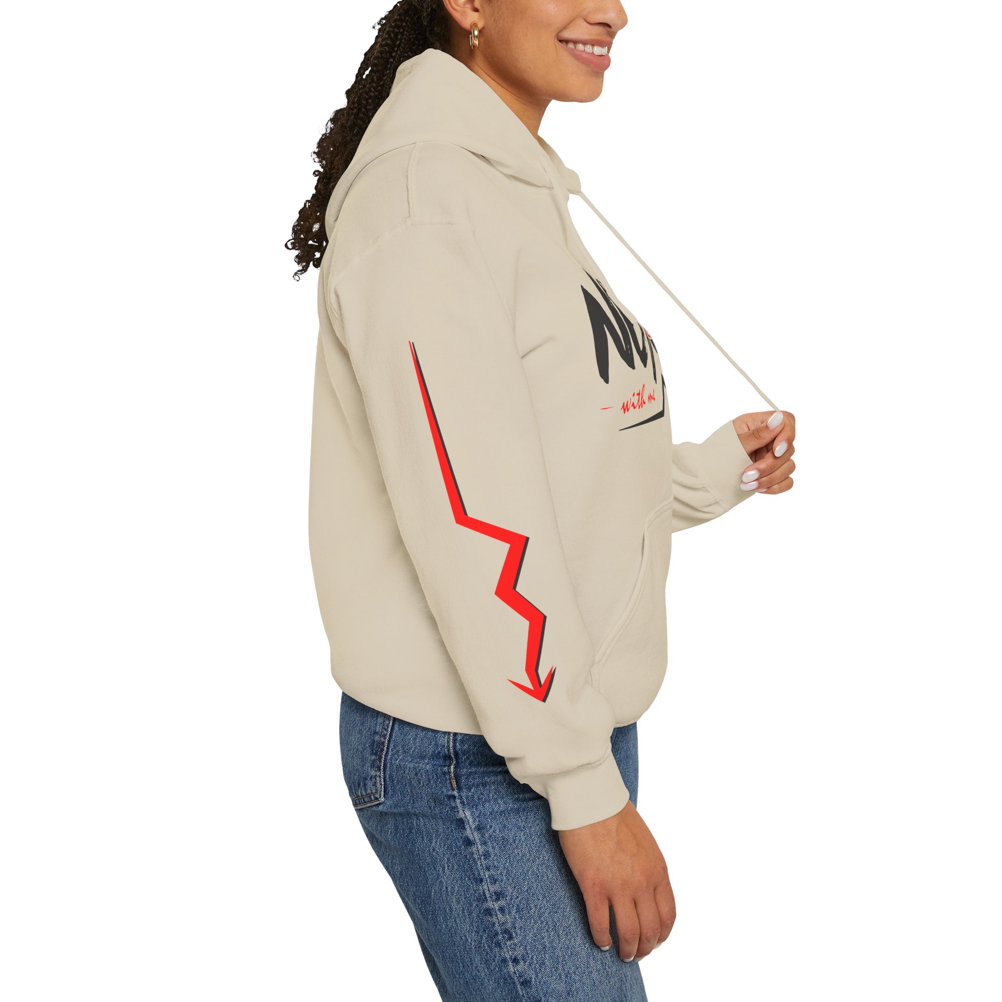 Never Settle Hoodie — White Graphic Pullover with Red Sleeve Lightning - Image 8