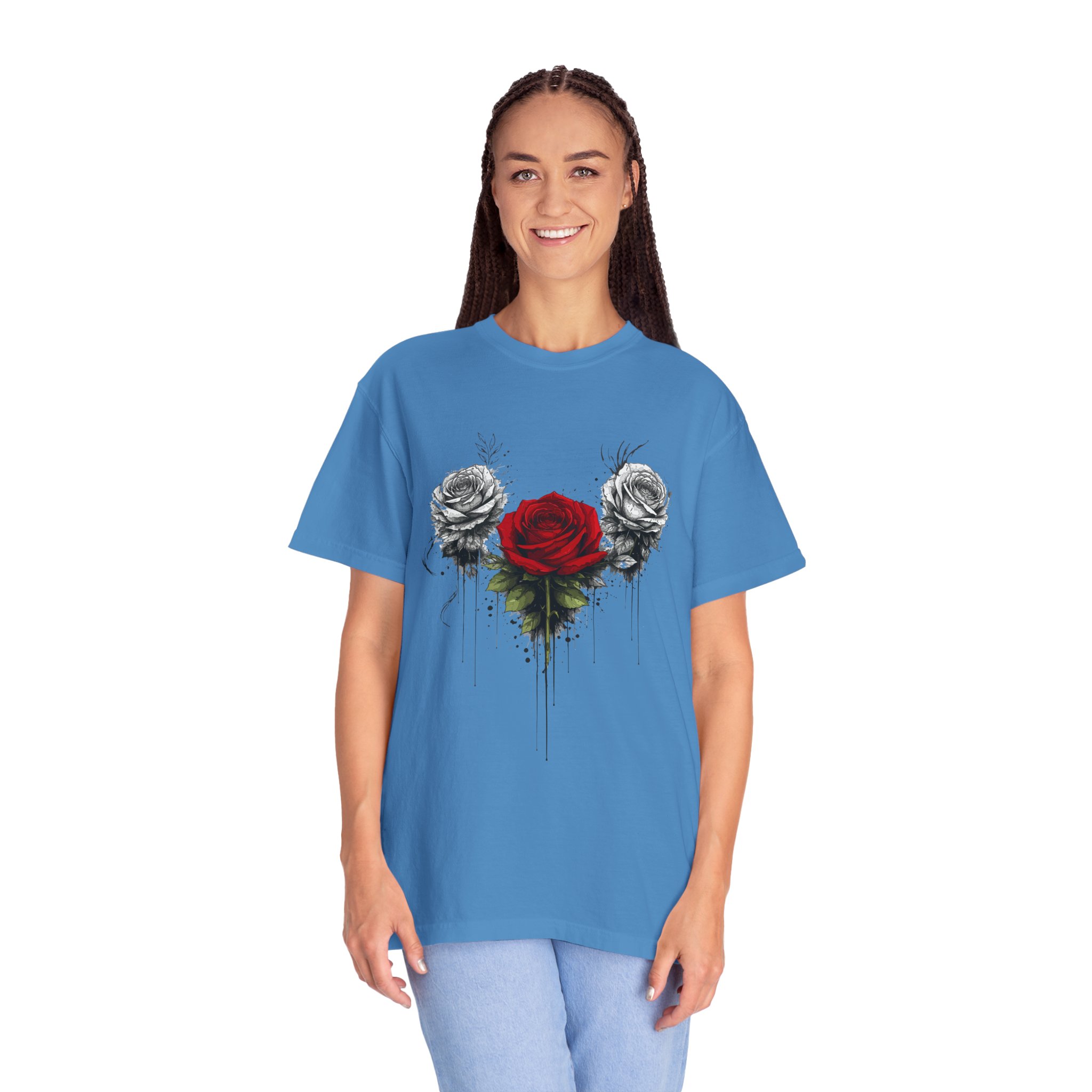Rose Trio Graphic T-Shirt — Red Center Rose with Black & White Floral Art - Image 15