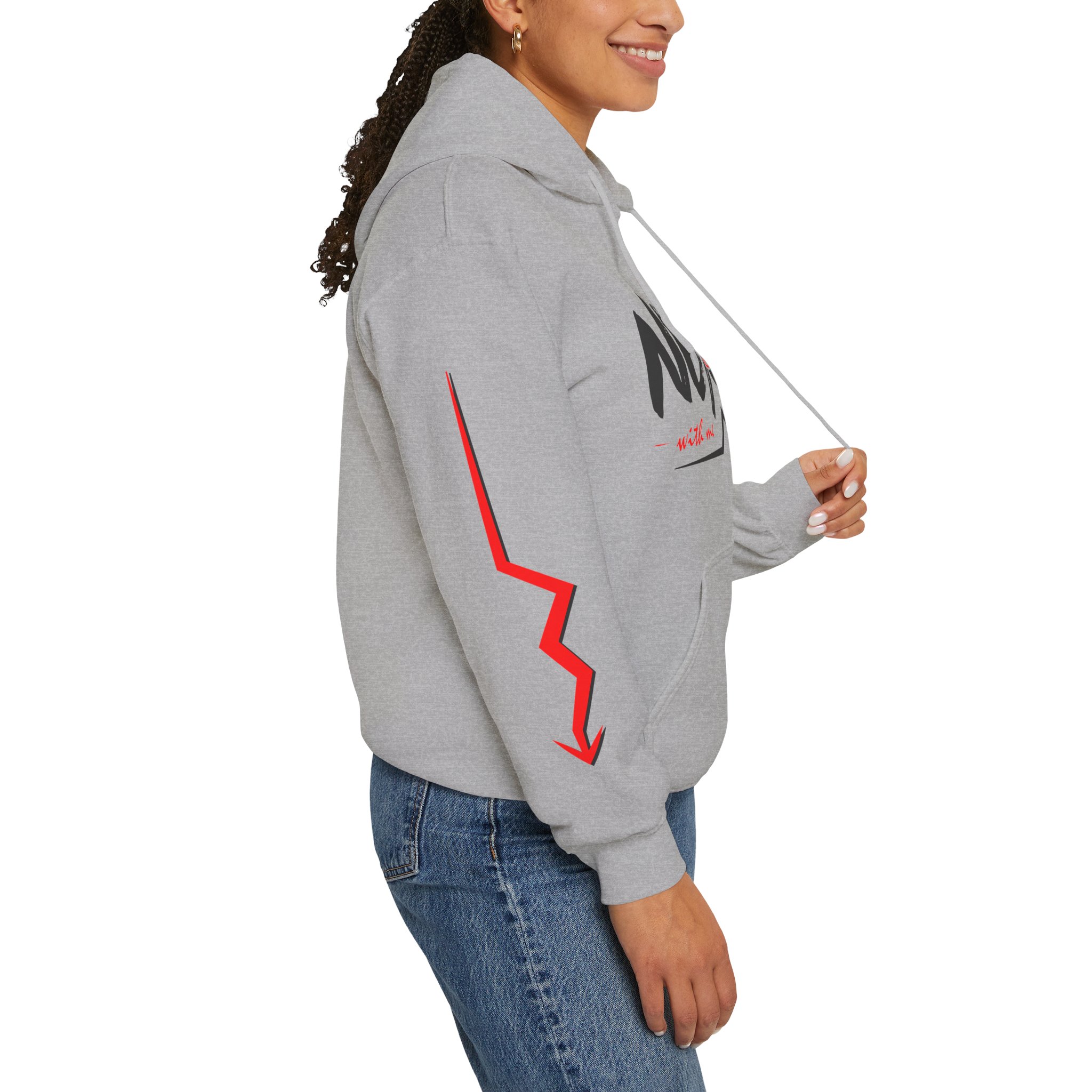 Never Settle Hoodie — White Graphic Pullover with Red Sleeve Lightning - Image 11