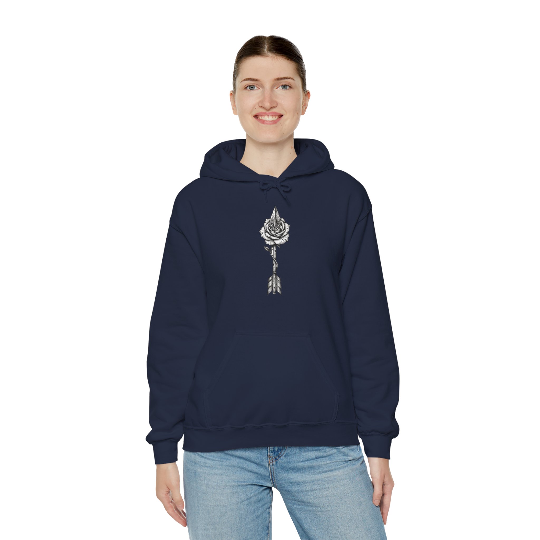 Rose Arrow Hoodie — Minimal Black Floral Arrow Chest Graphic Hoodie - Image 12