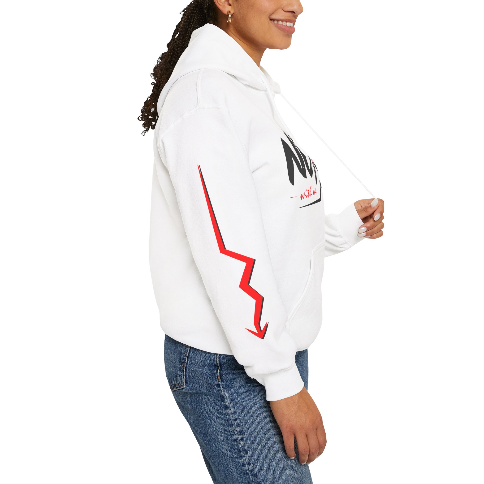 Never Settle Hoodie — White Graphic Pullover with Red Sleeve Lightning - Image 2