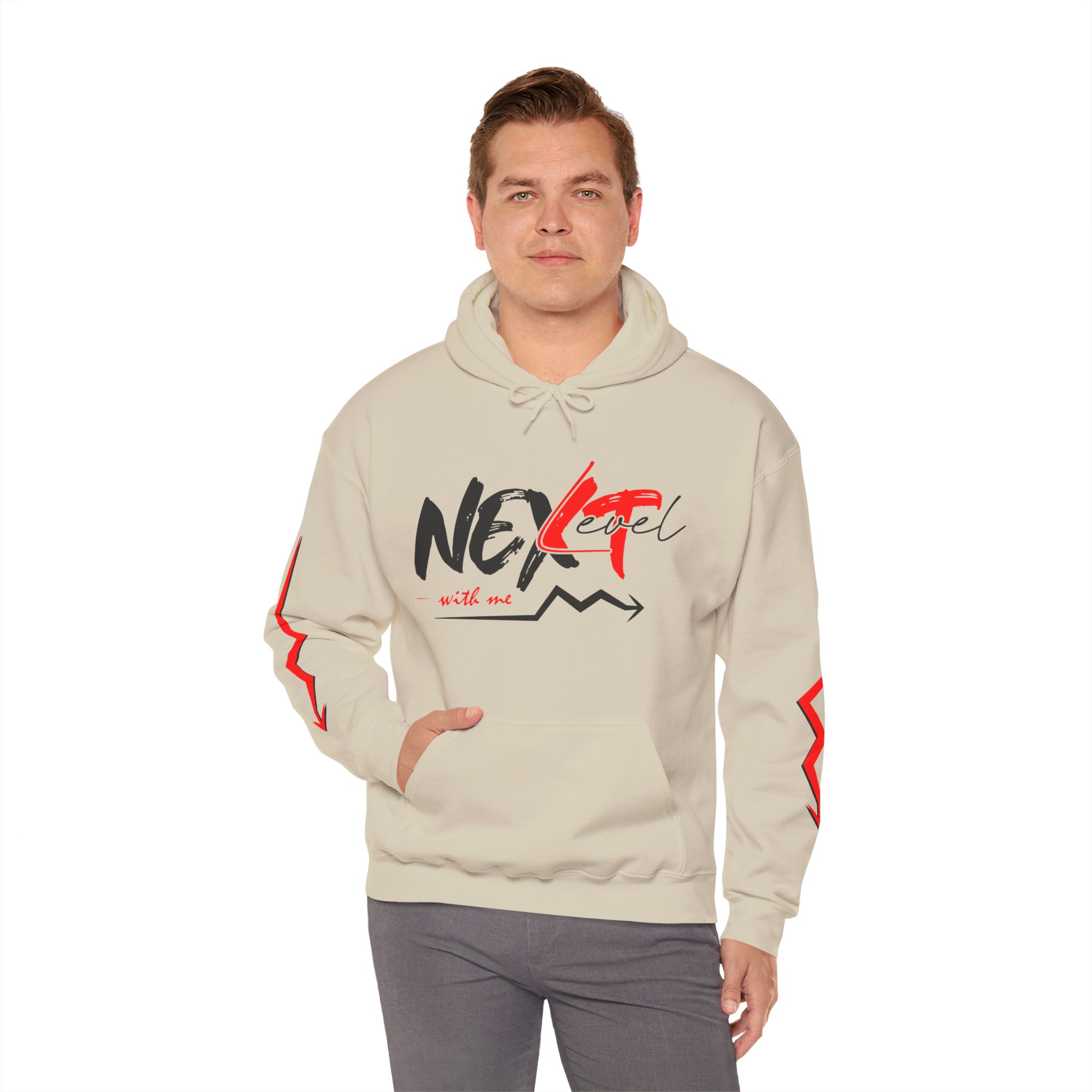 Never Settle Hoodie — White Graphic Pullover with Red Sleeve Lightning - Image 7