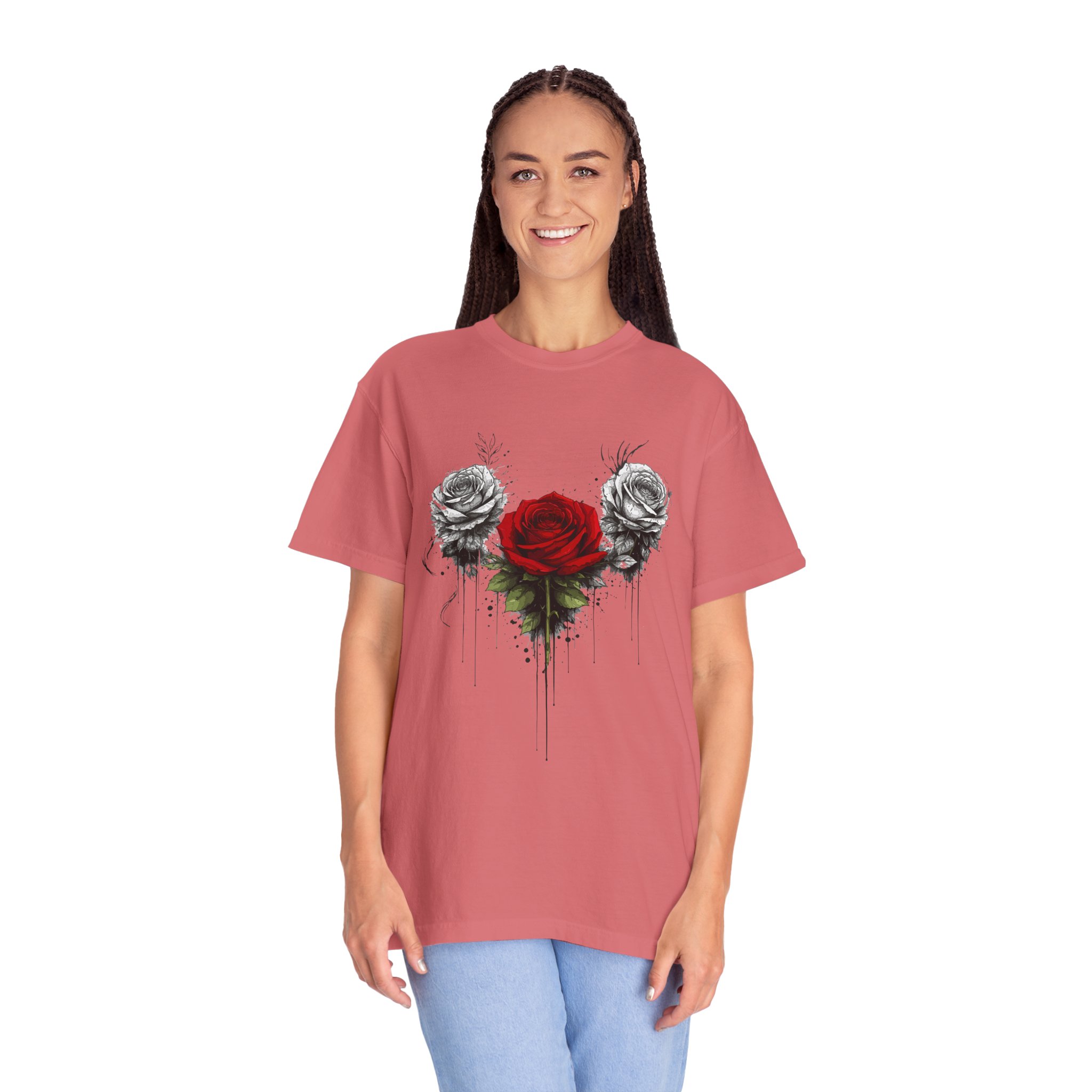 Rose Trio Graphic T-Shirt — Red Center Rose with Black & White Floral Art - Image 19