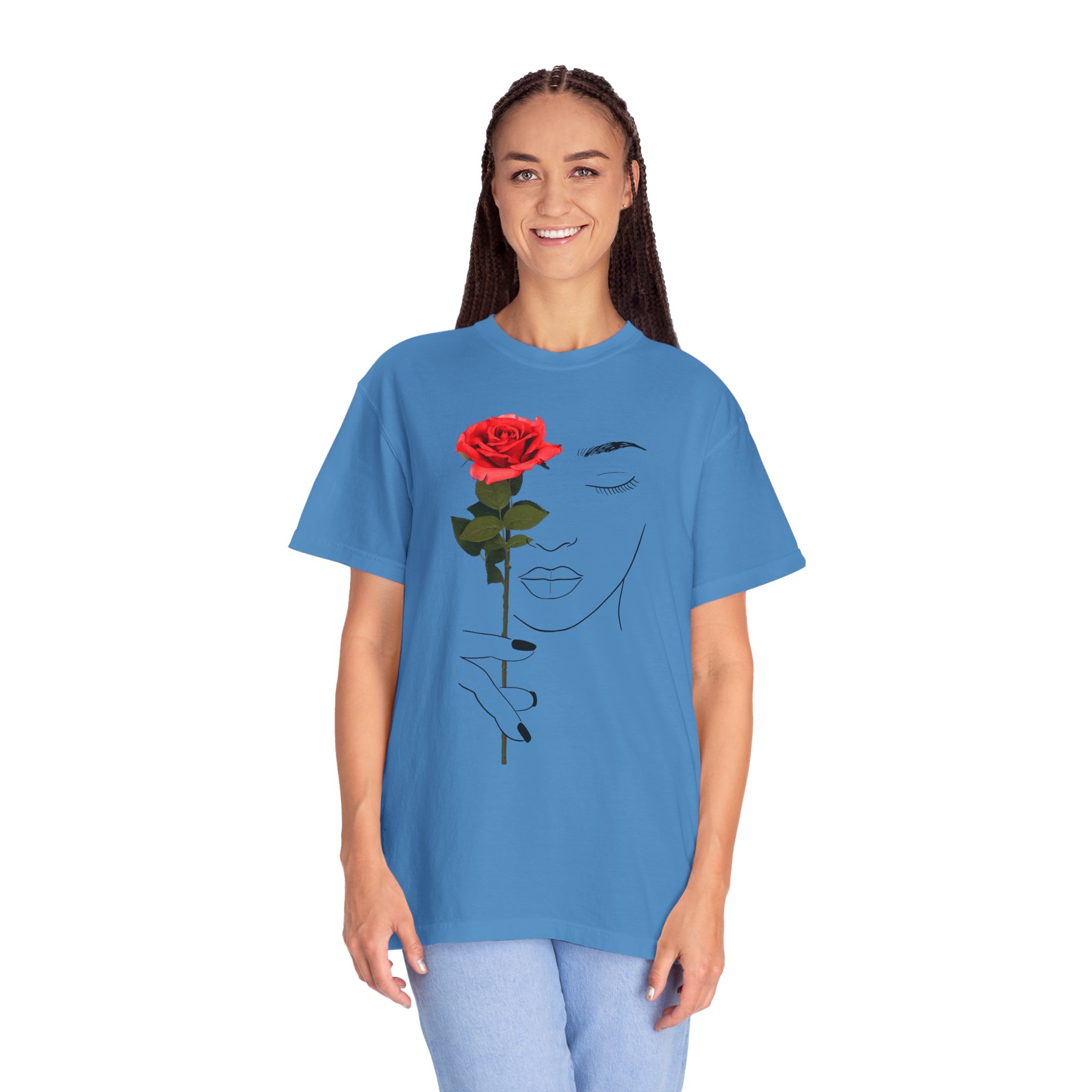Minimal Line Art Rose T‑Shirt — Woman Holding Red Rose Graphic Tee - Image 14