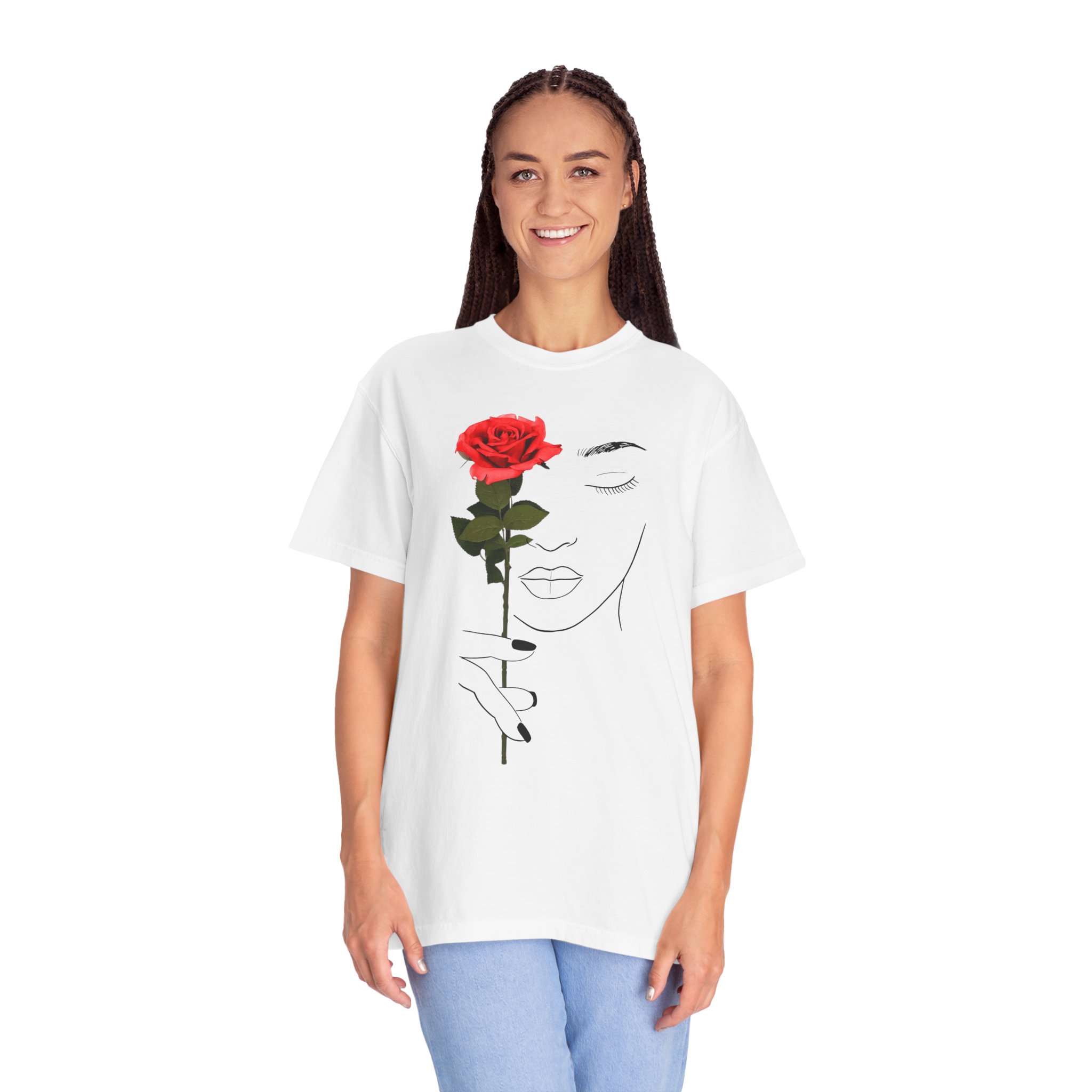 Minimal Line Art Rose T‑Shirt — Woman Holding Red Rose Graphic Tee