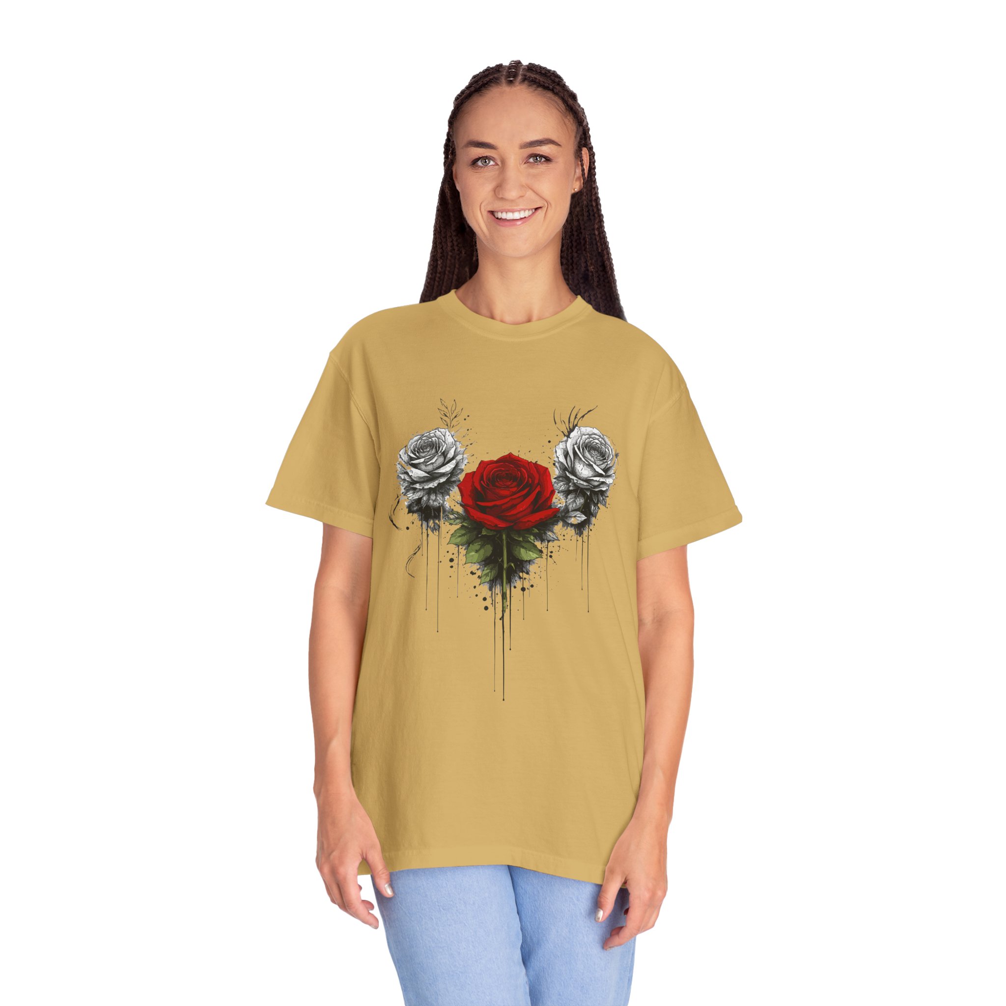Rose Trio Graphic T-Shirt — Red Center Rose with Black & White Floral Art - Image 5