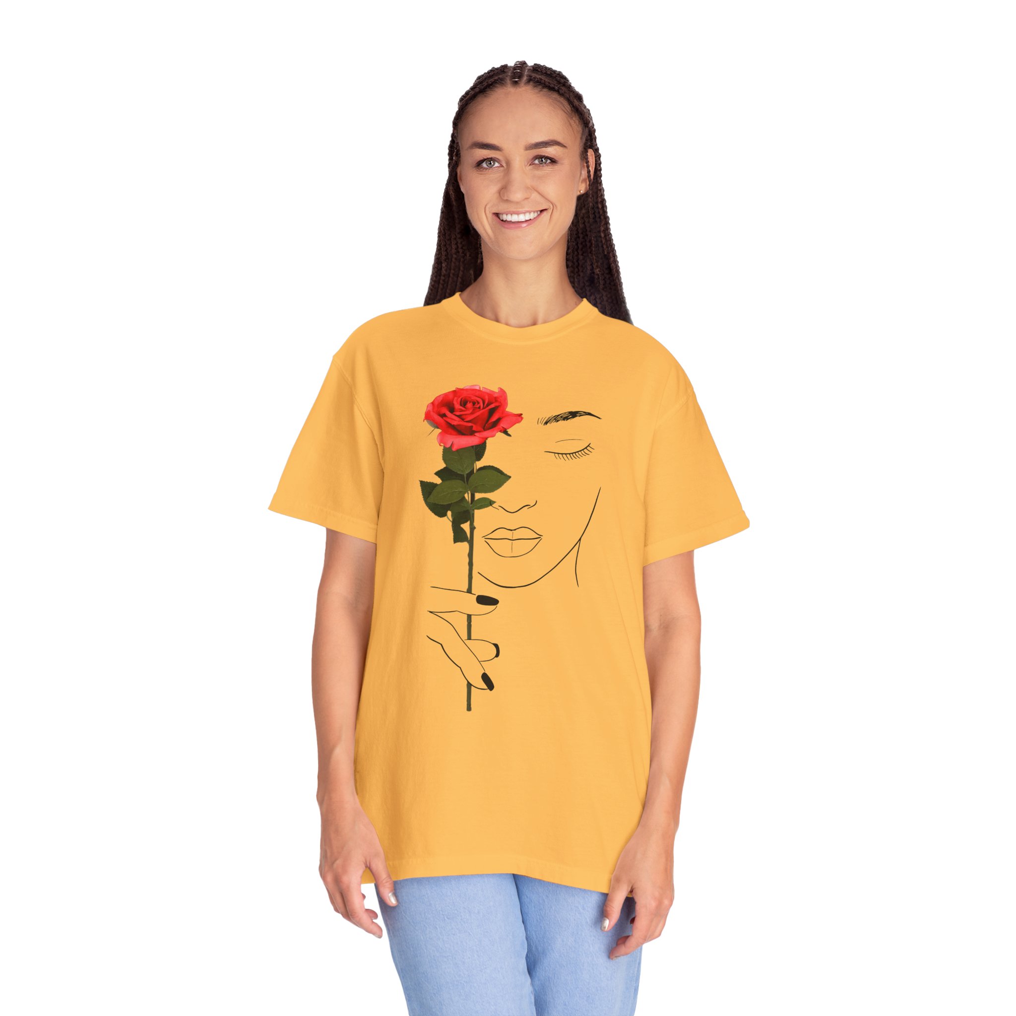 Minimal Line Art Rose T‑Shirt — Woman Holding Red Rose Graphic Tee - Image 4
