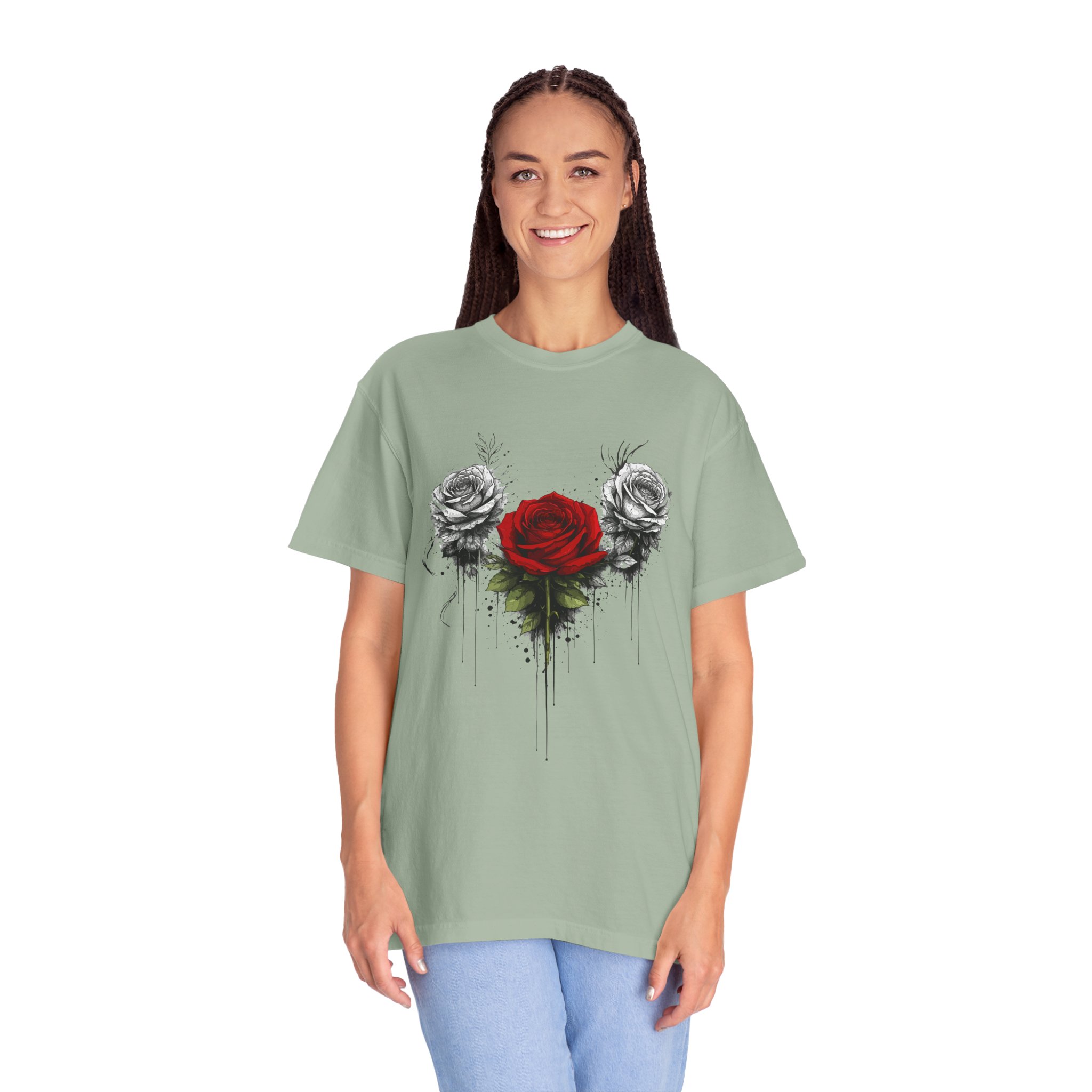 Rose Trio Graphic T-Shirt — Red Center Rose with Black & White Floral Art - Image 11