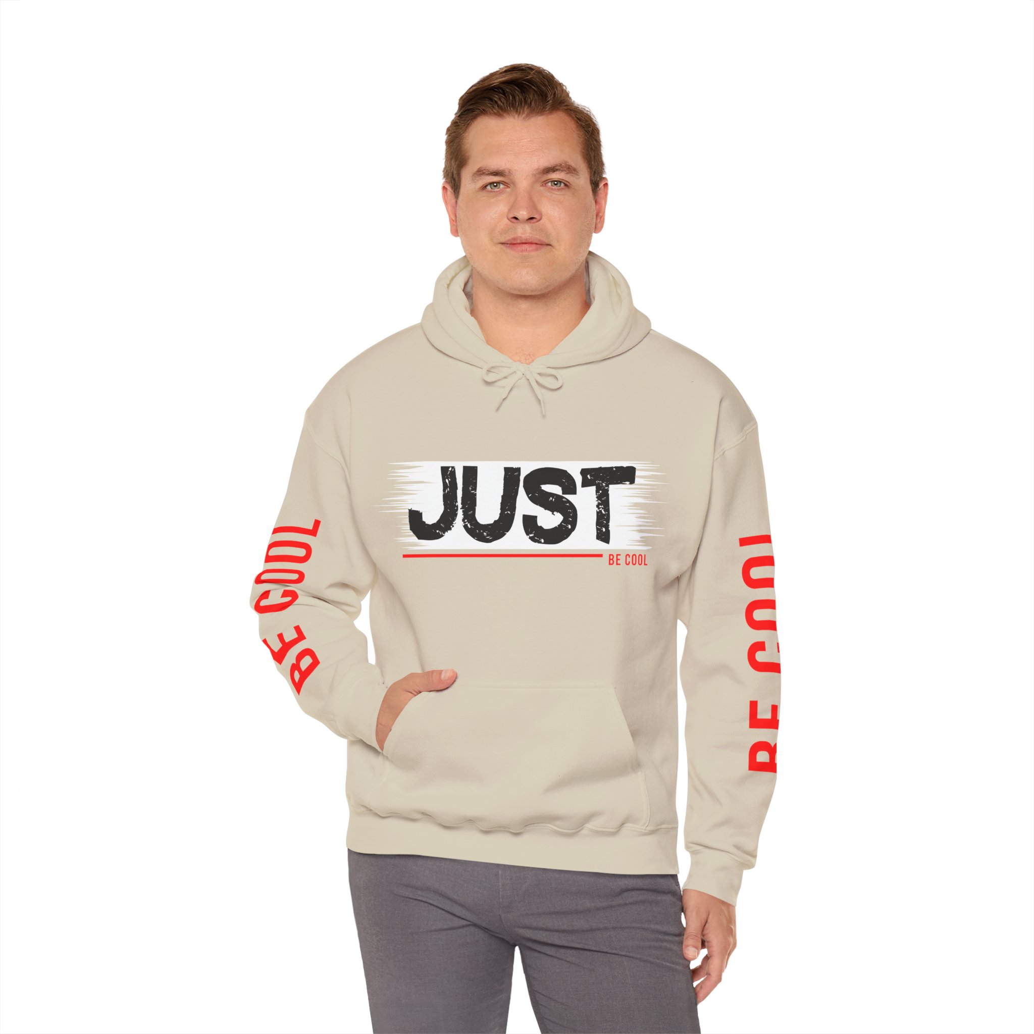 Just Be Cool Hoodie – Graphic Black Pullover with "JUST" Chest Print & Red Sleeve Text - Image 4