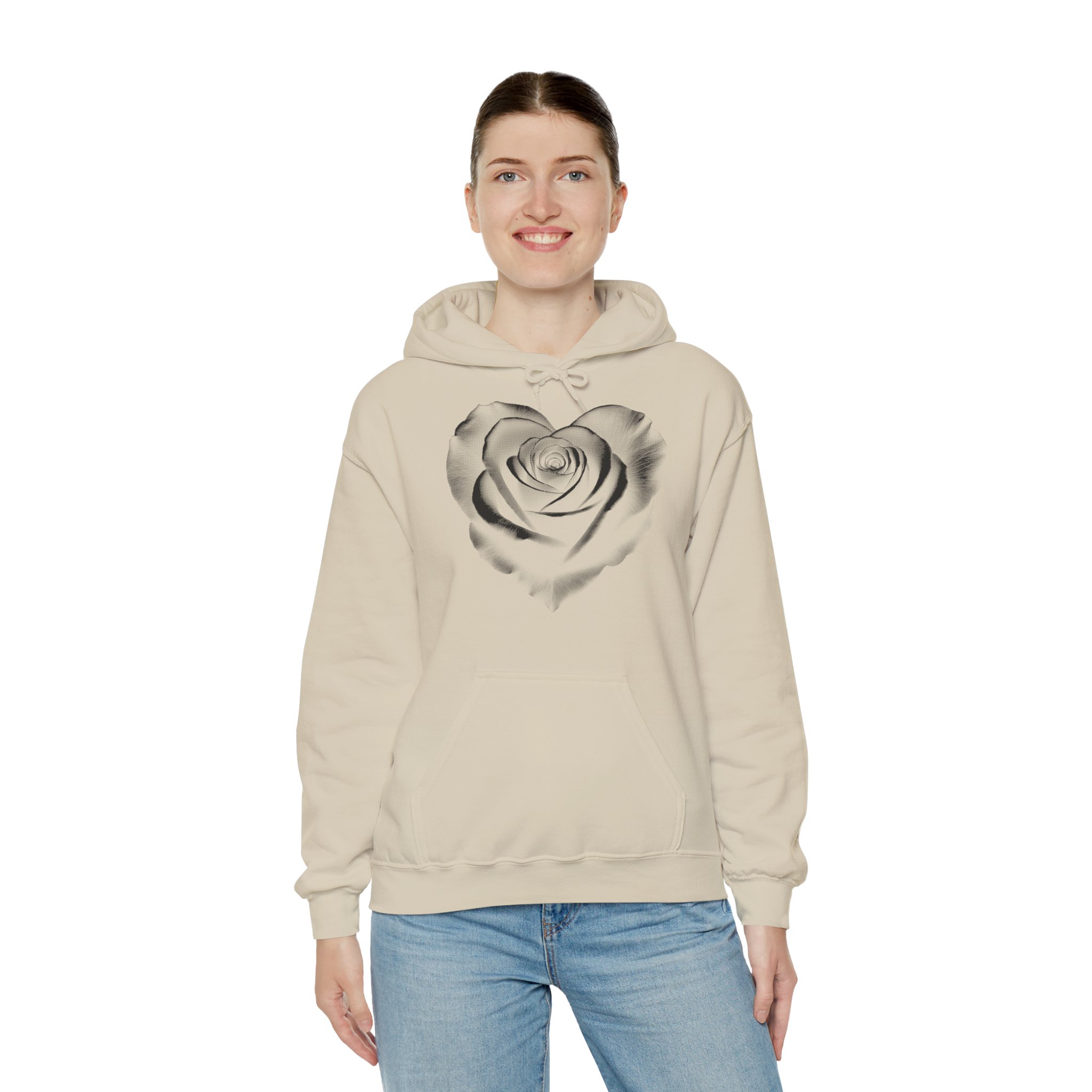 White Hoodie with Silver Heart Rose Graphic — Romantic Floral Streetwear - Image 3