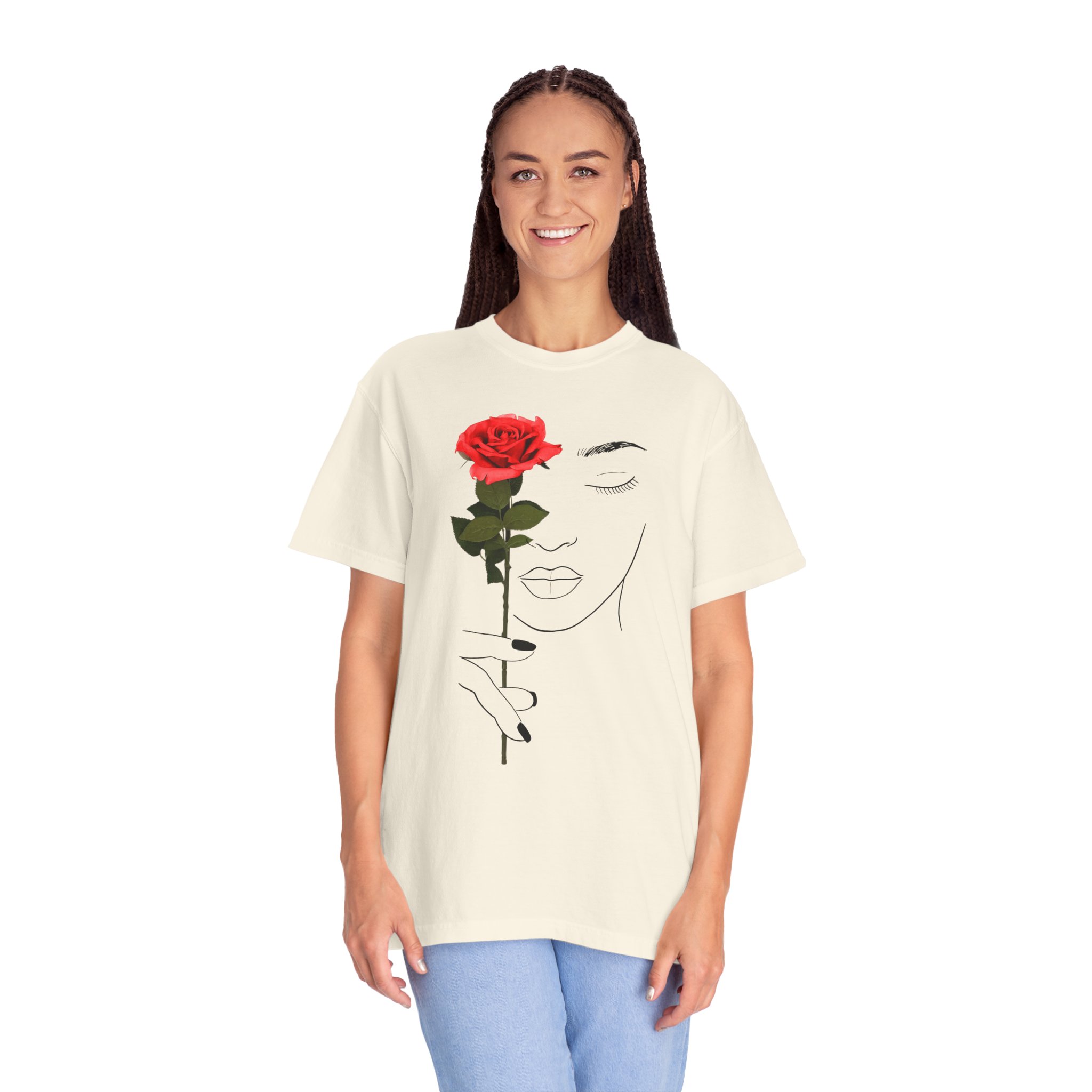 Minimal Line Art Rose T‑Shirt — Woman Holding Red Rose Graphic Tee - Image 3