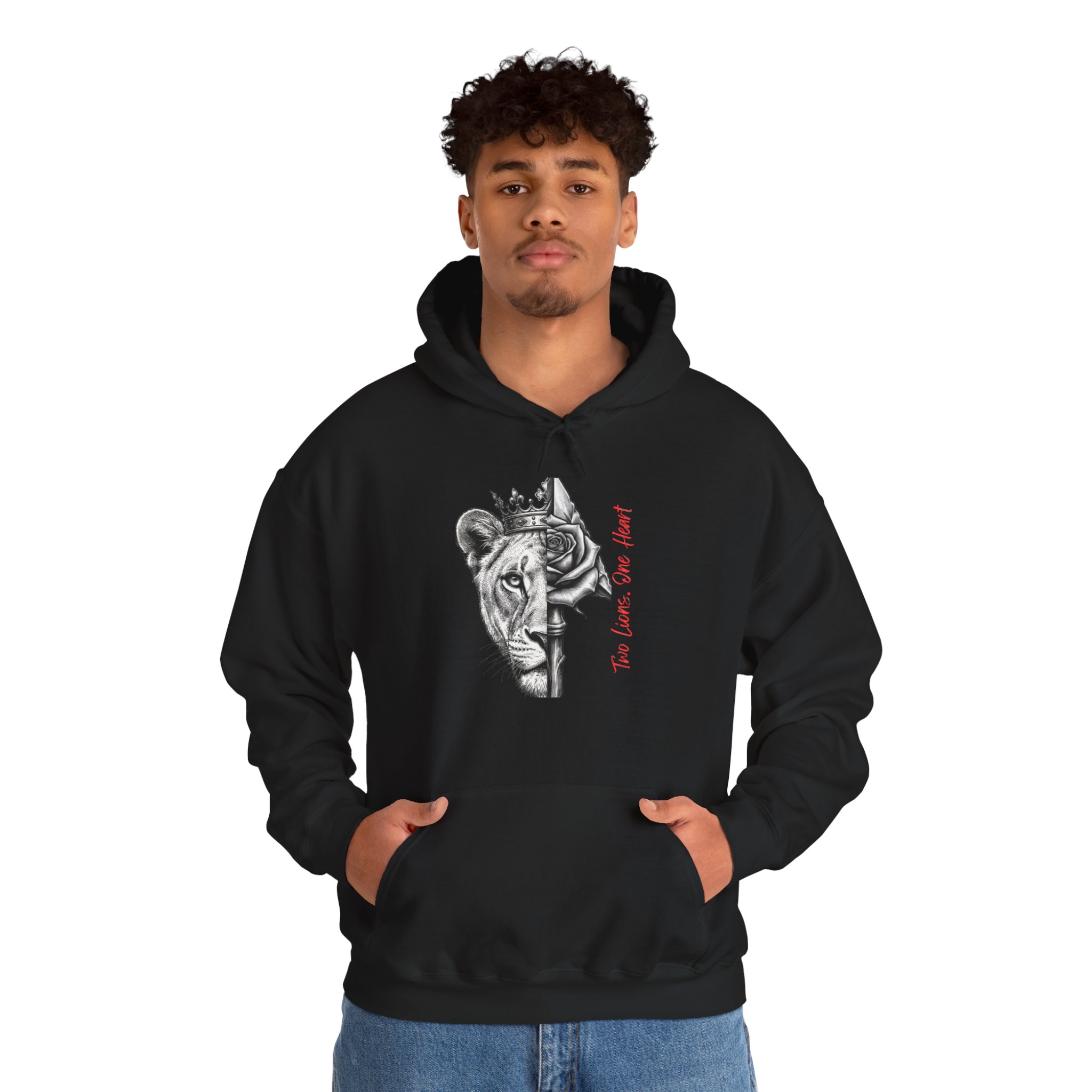 Lioness Crown Hoodie — Split Face Sketch with "Make Love Not War" Script