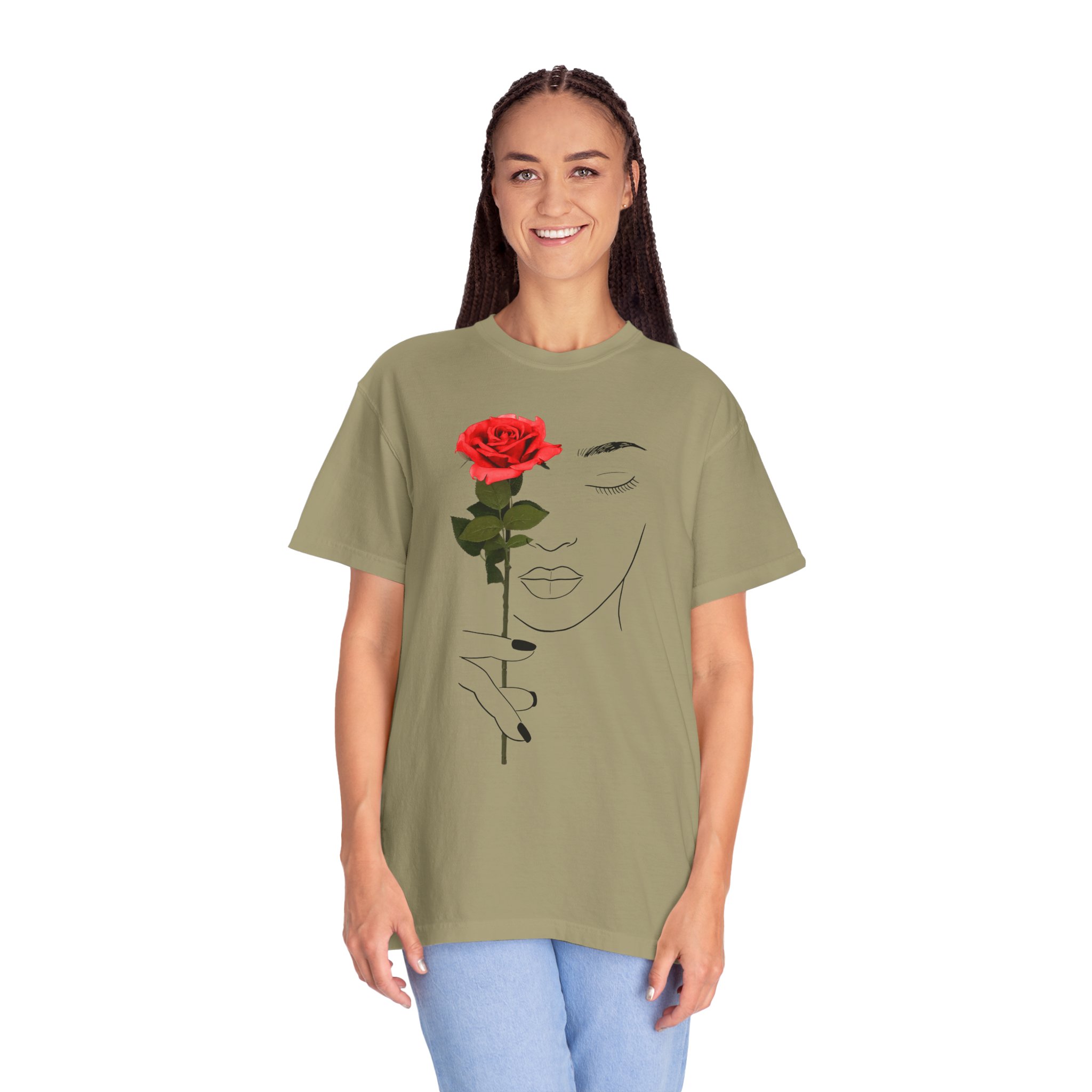 Minimal Line Art Rose T‑Shirt — Woman Holding Red Rose Graphic Tee - Image 6