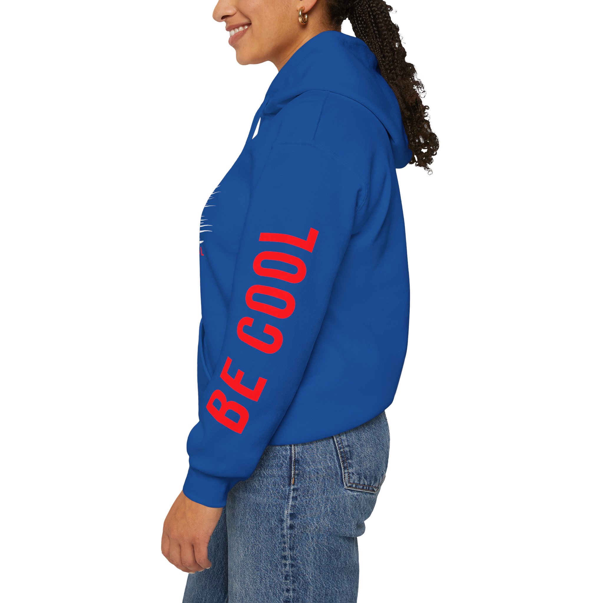 Just Be Cool Hoodie – Graphic Black Pullover with "JUST" Chest Print & Red Sleeve Text - Image 21