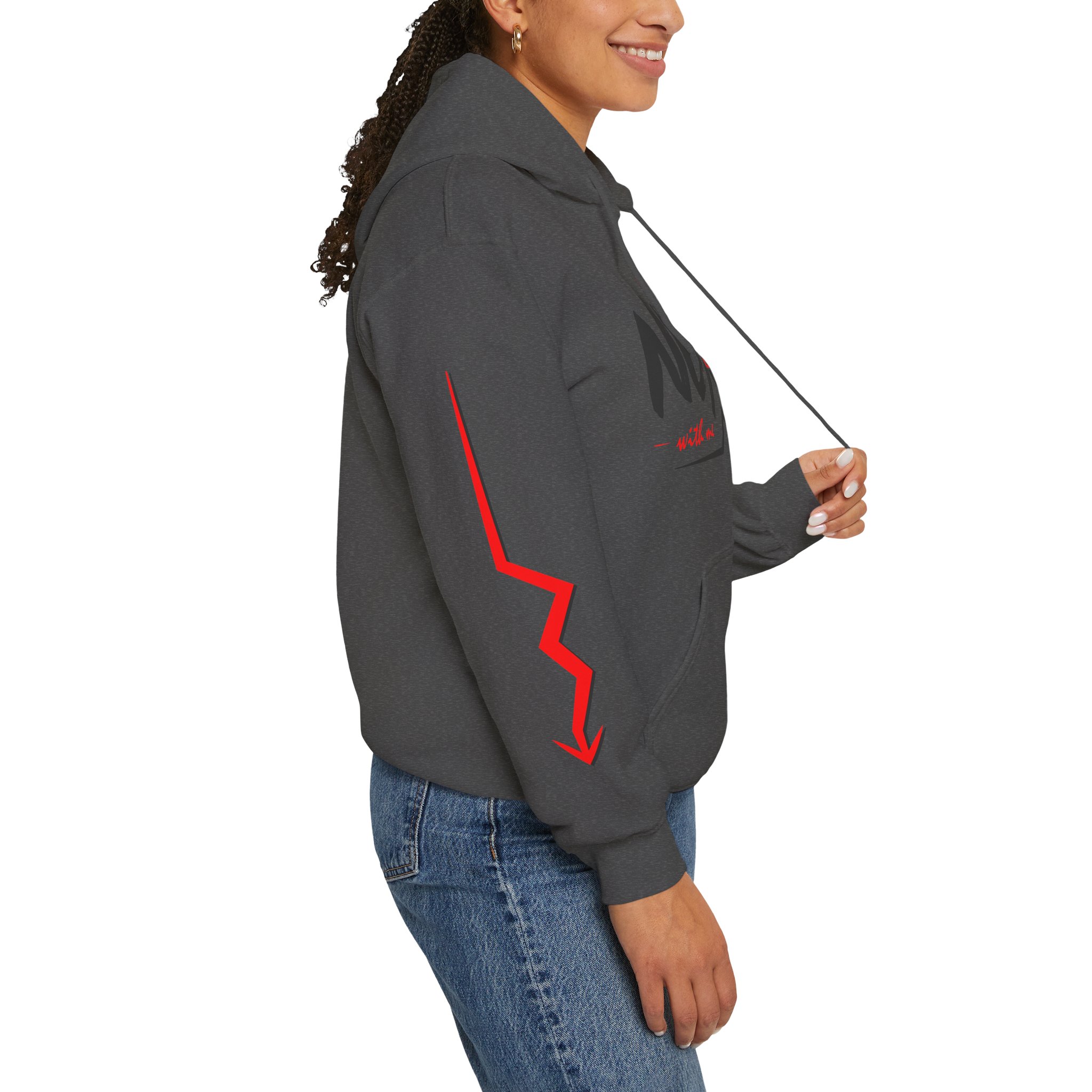 Never Settle Hoodie — White Graphic Pullover with Red Sleeve Lightning - Image 14