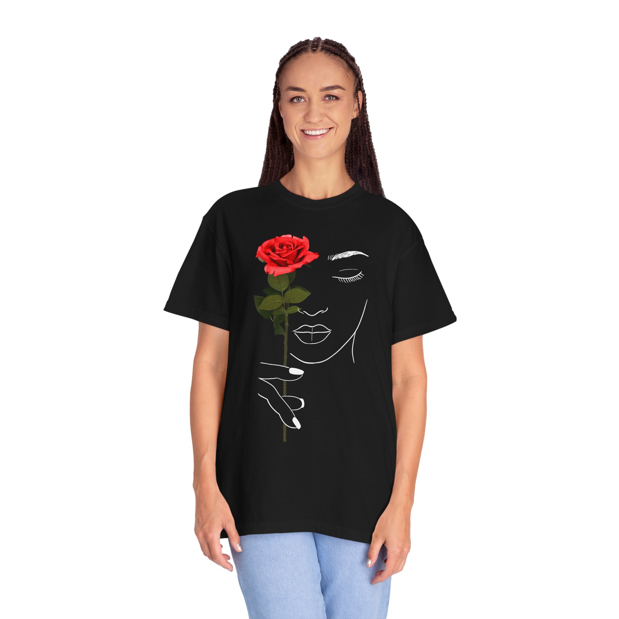 Rose Face Line Art T-Shirt — Minimalist Floral Graphic Tee