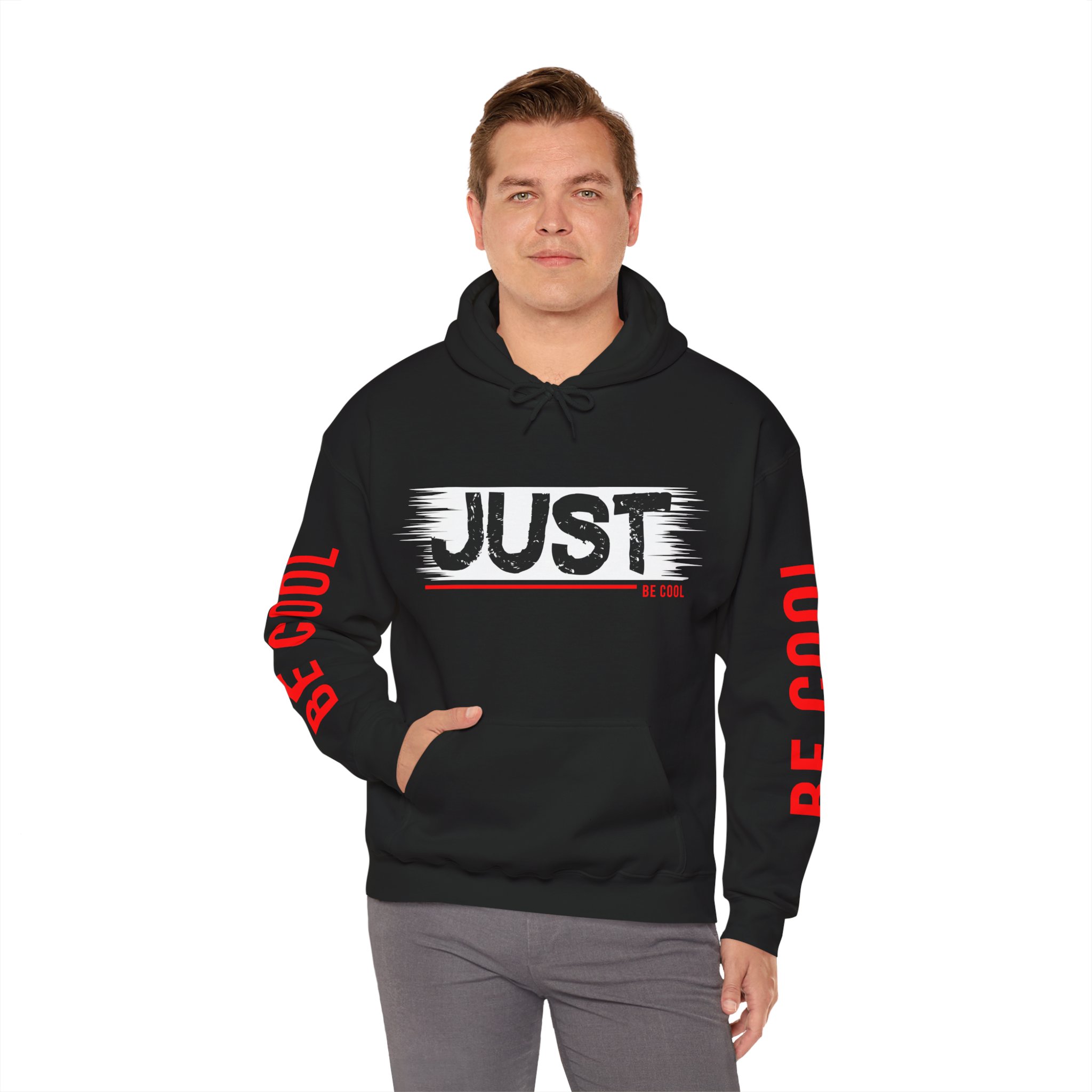 Just Be Cool Hoodie – Graphic Black Pullover with "JUST" Chest Print & Red Sleeve Text