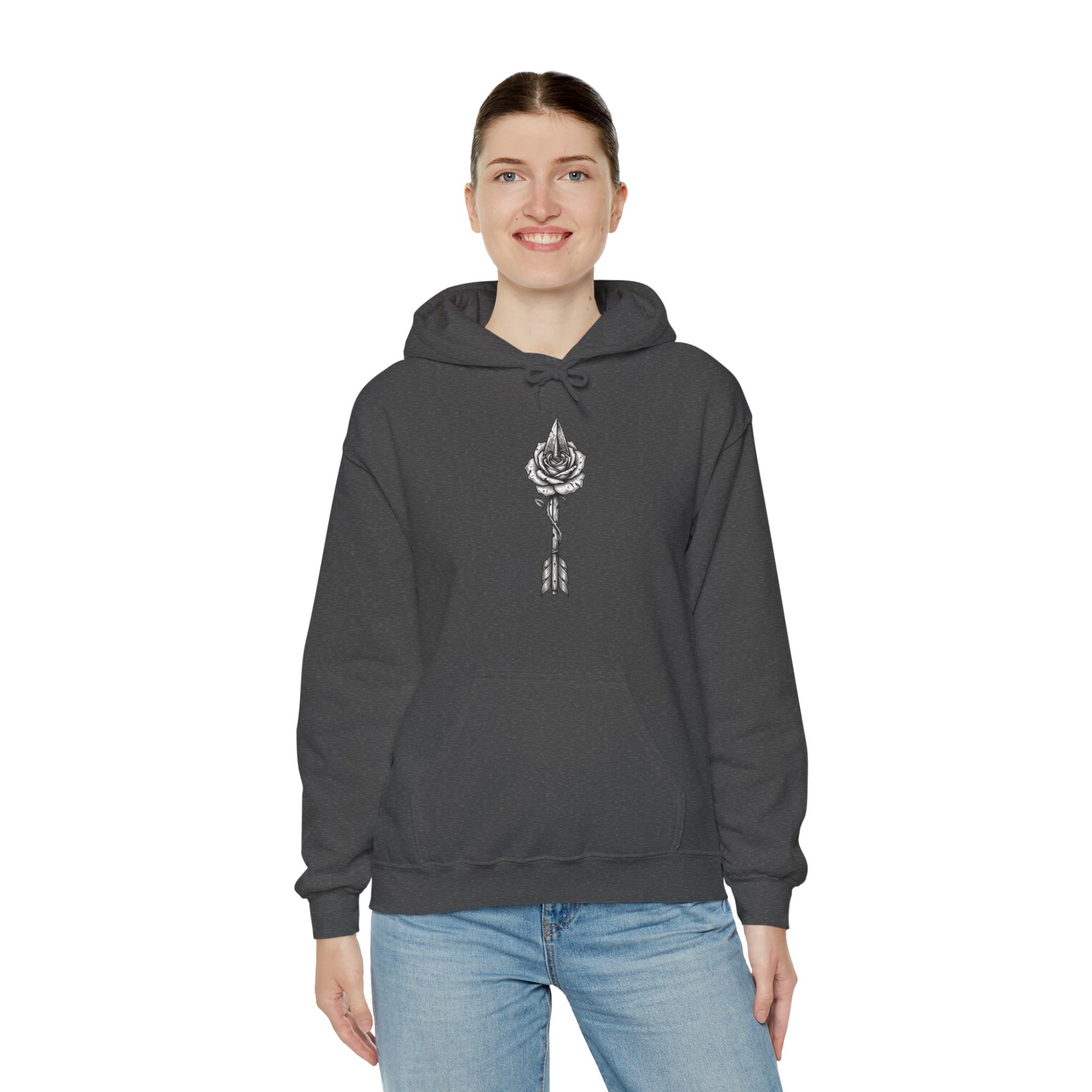 Rose Arrow Hoodie — Minimal Black Floral Arrow Chest Graphic Hoodie - Image 9