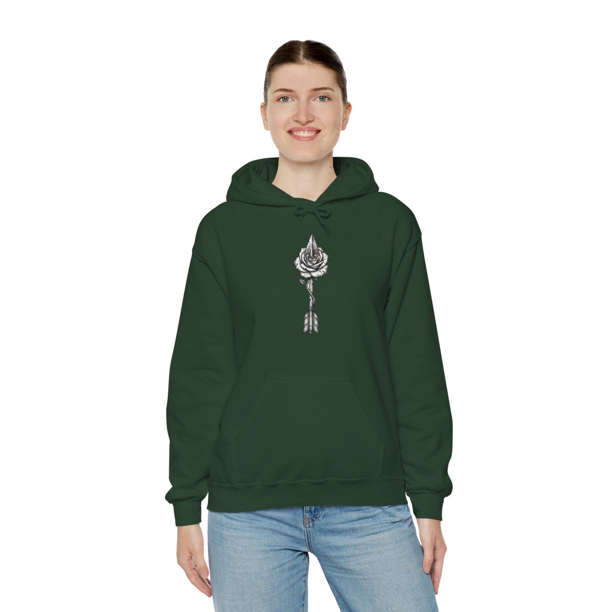 Rose Arrow Hoodie — Minimal Black Floral Arrow Chest Graphic Hoodie - Image 8