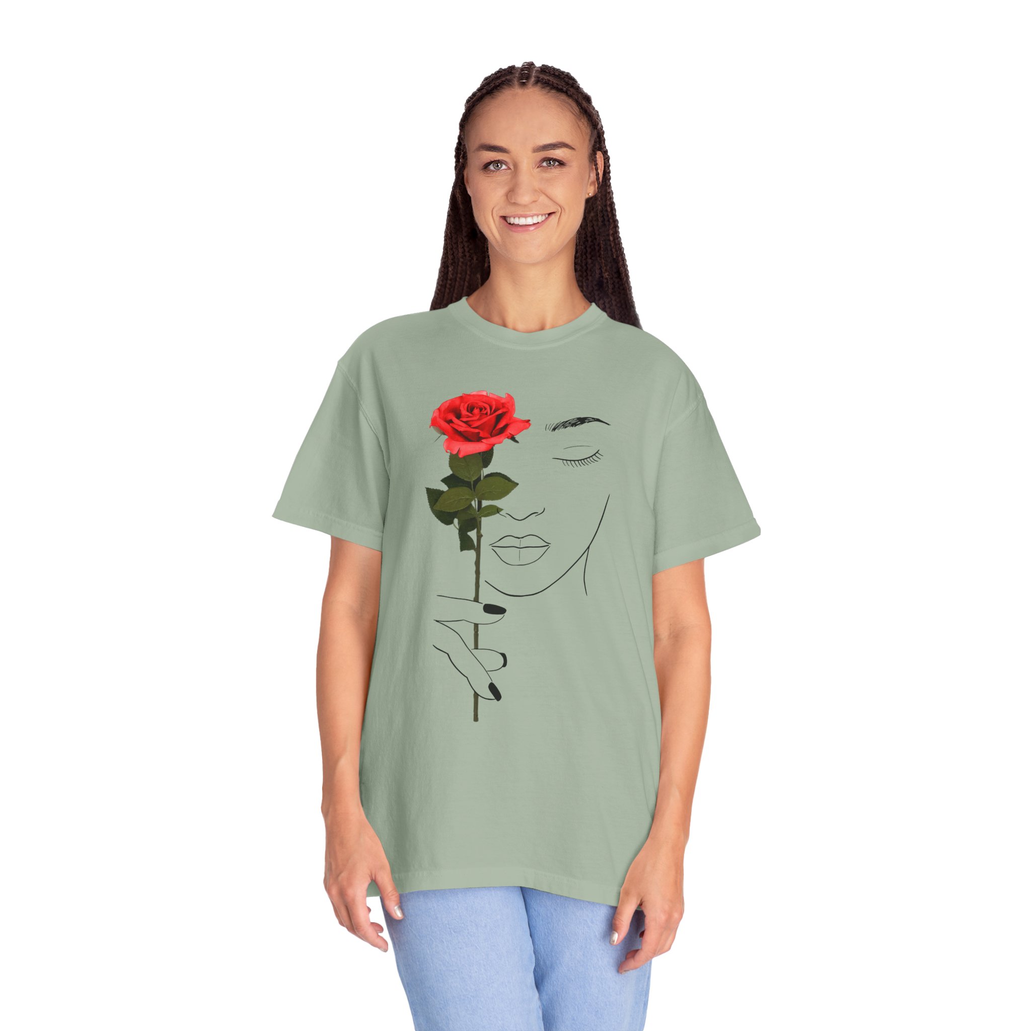 Minimal Line Art Rose T‑Shirt — Woman Holding Red Rose Graphic Tee - Image 10