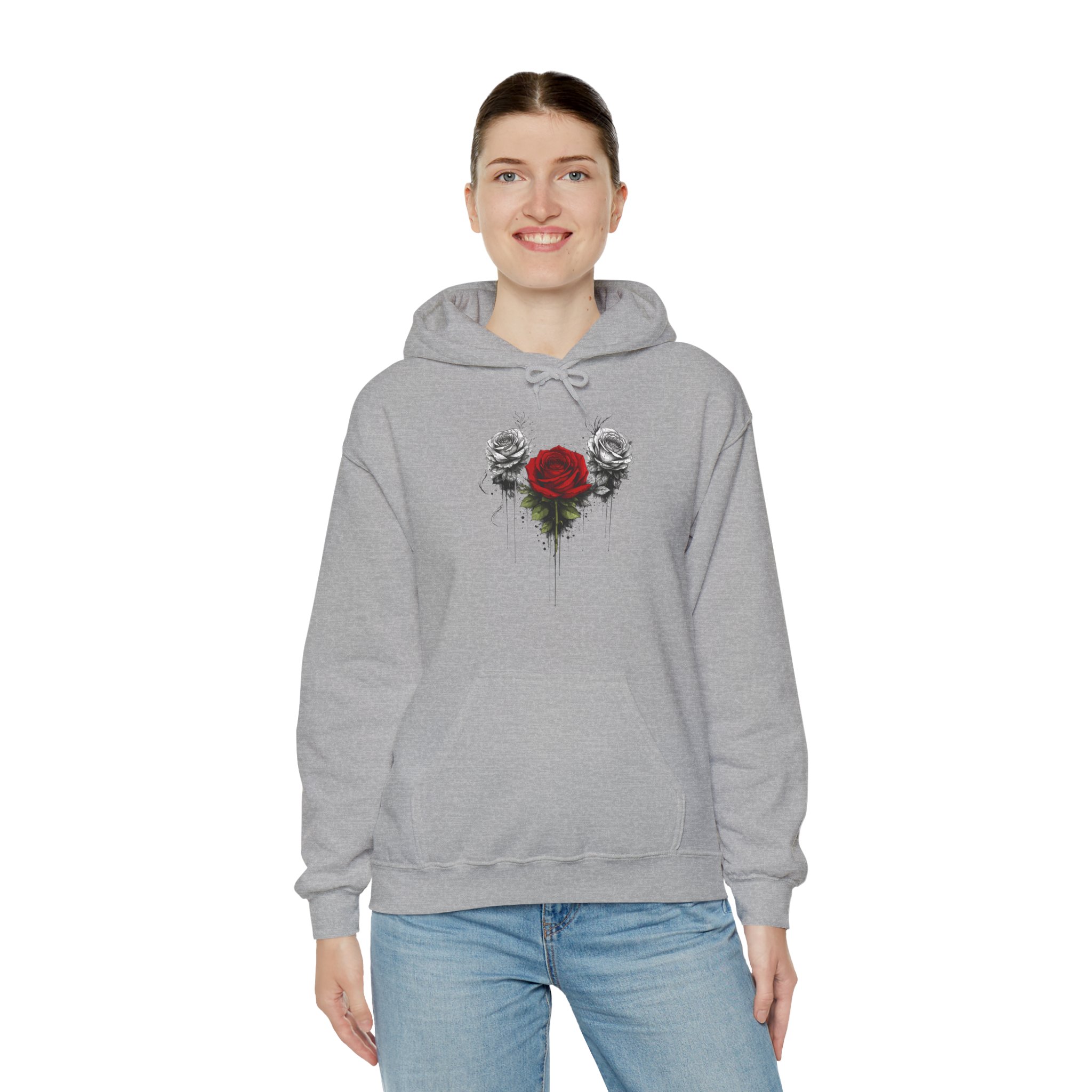 Rose Heart Hoodie — Gothic Red Rose with Black Floral Sketch - Image 4
