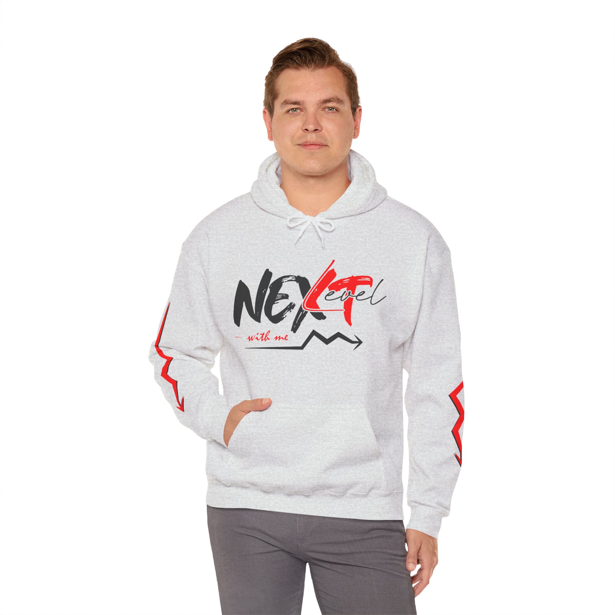 Never Settle Hoodie — White Graphic Pullover with Red Sleeve Lightning - Image 4