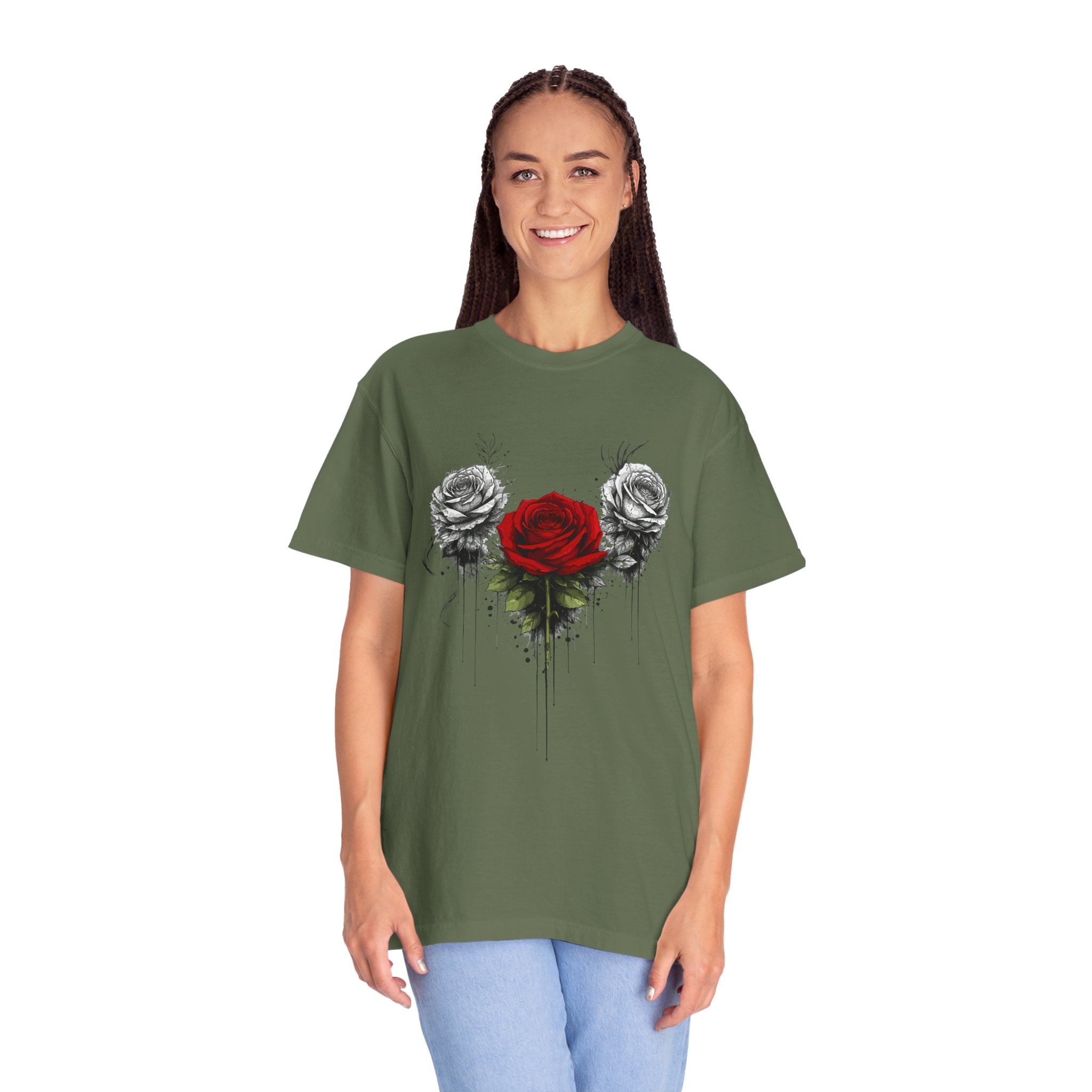 Rose Trio Graphic T-Shirt — Red Center Rose with Black & White Floral Art - Image 10