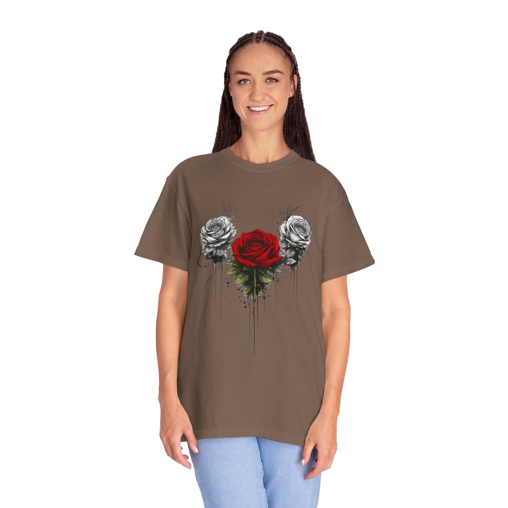 Rose Trio Graphic T-Shirt — Red Center Rose with Black & White Floral Art - Image 7
