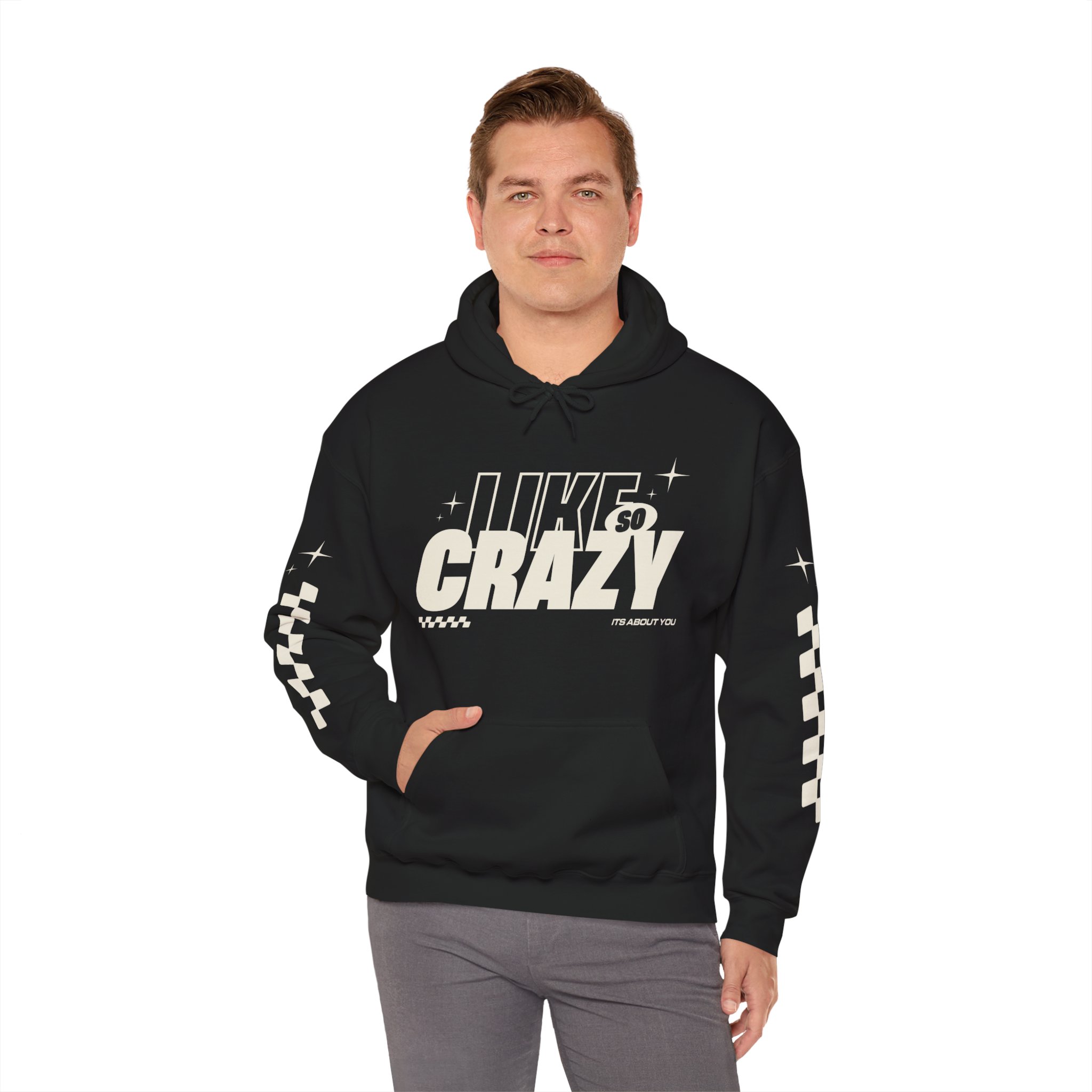 Crazy Graphic Hoodie — “Like So Crazy” Retro Racing Sleeve Pullover