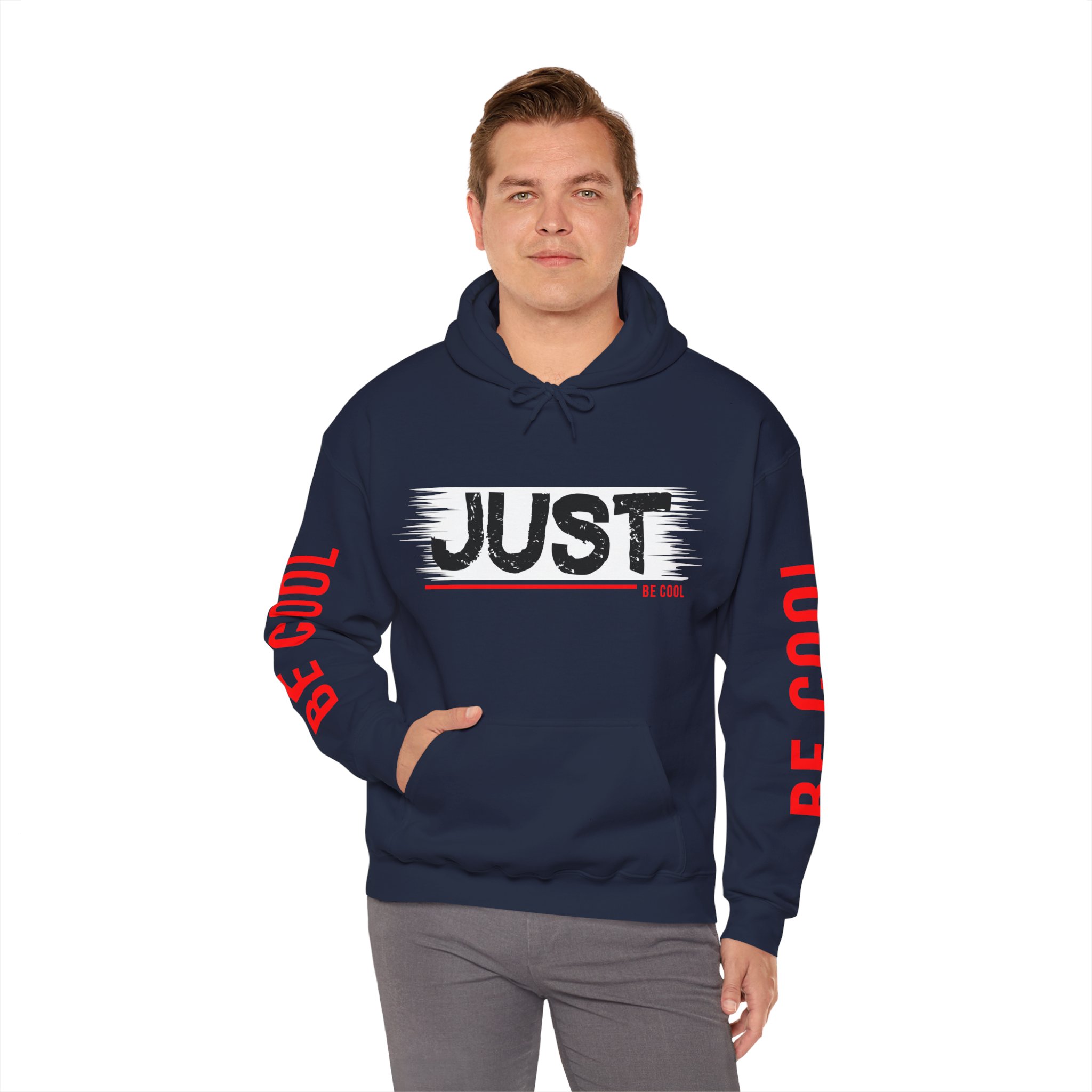 Just Be Cool Hoodie – Graphic Black Pullover with "JUST" Chest Print & Red Sleeve Text - Image 22