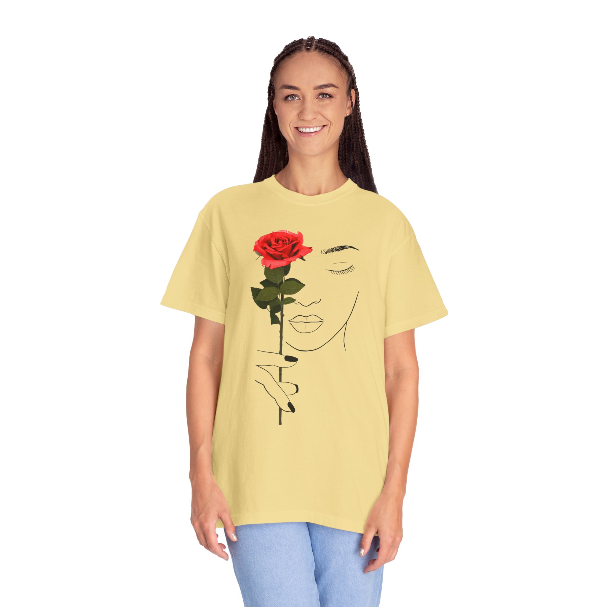 Minimal Line Art Rose T‑Shirt — Woman Holding Red Rose Graphic Tee - Image 7
