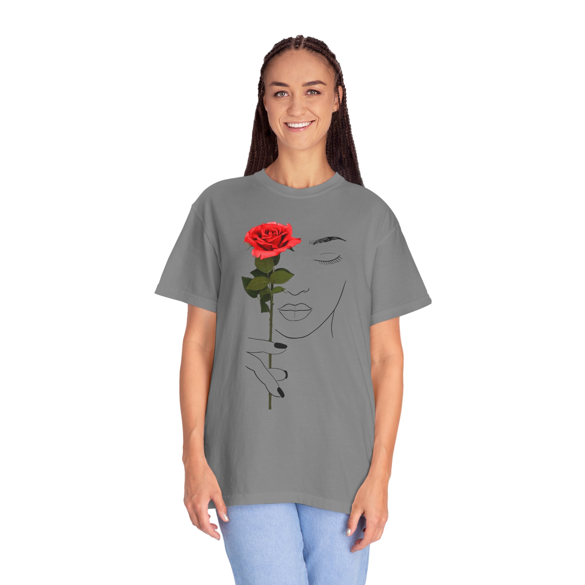 Minimal Line Art Rose T‑Shirt — Woman Holding Red Rose Graphic Tee - Image 8