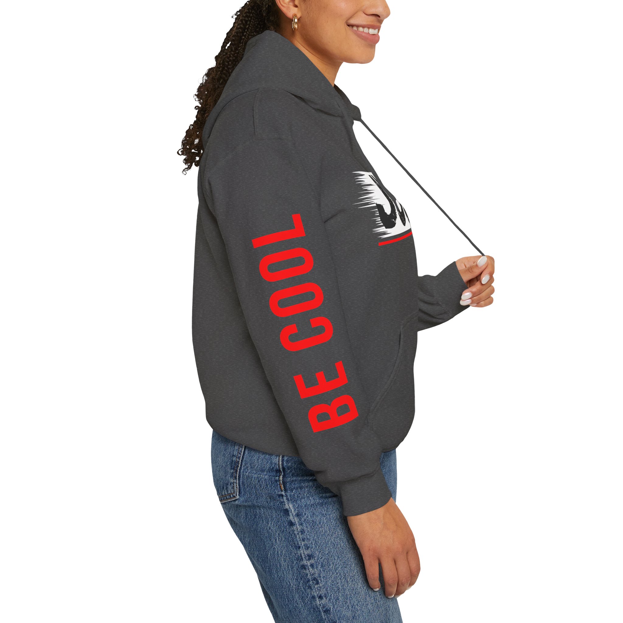 Just Be Cool Hoodie – Graphic Black Pullover with "JUST" Chest Print & Red Sleeve Text - Image 17