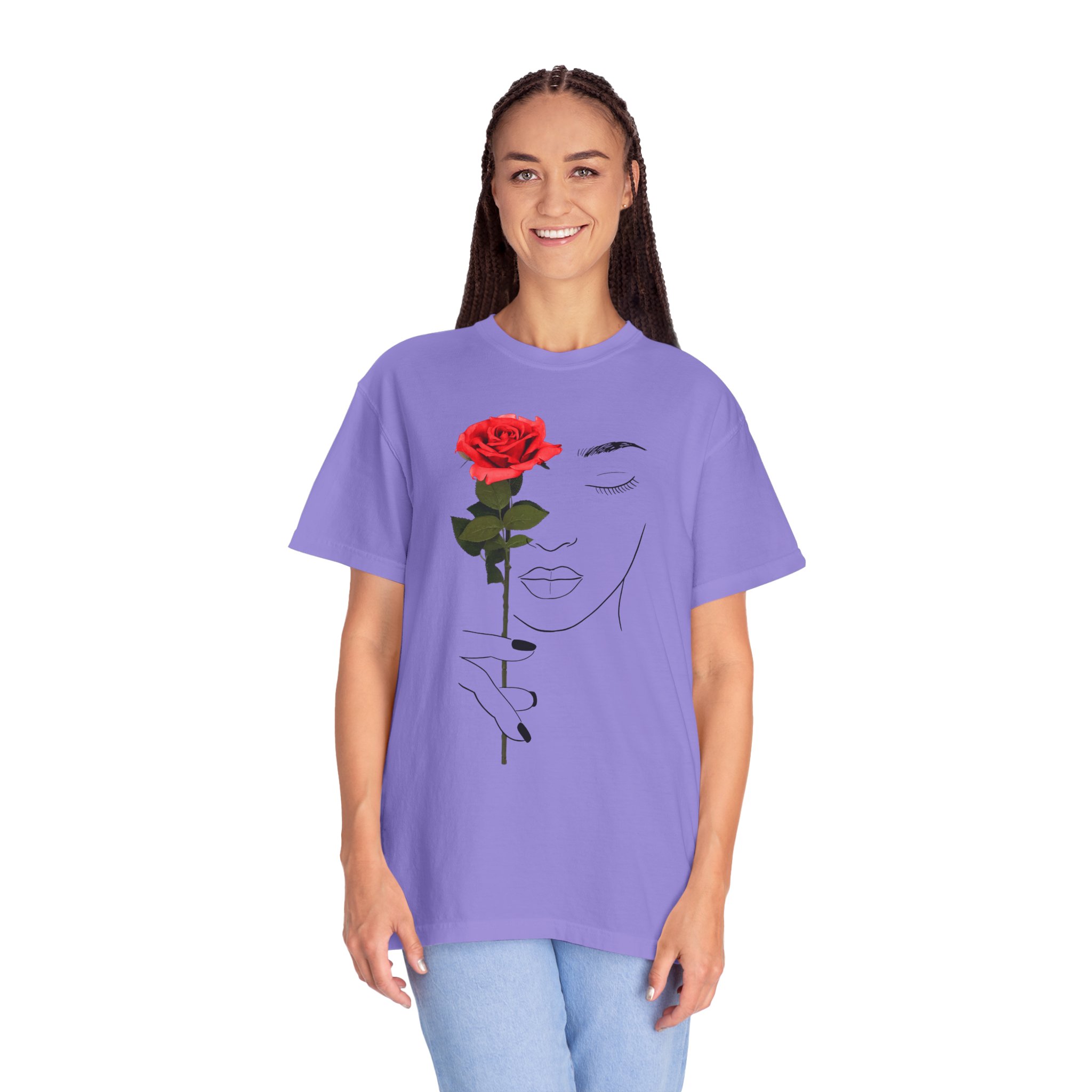 Minimal Line Art Rose T‑Shirt — Woman Holding Red Rose Graphic Tee - Image 15