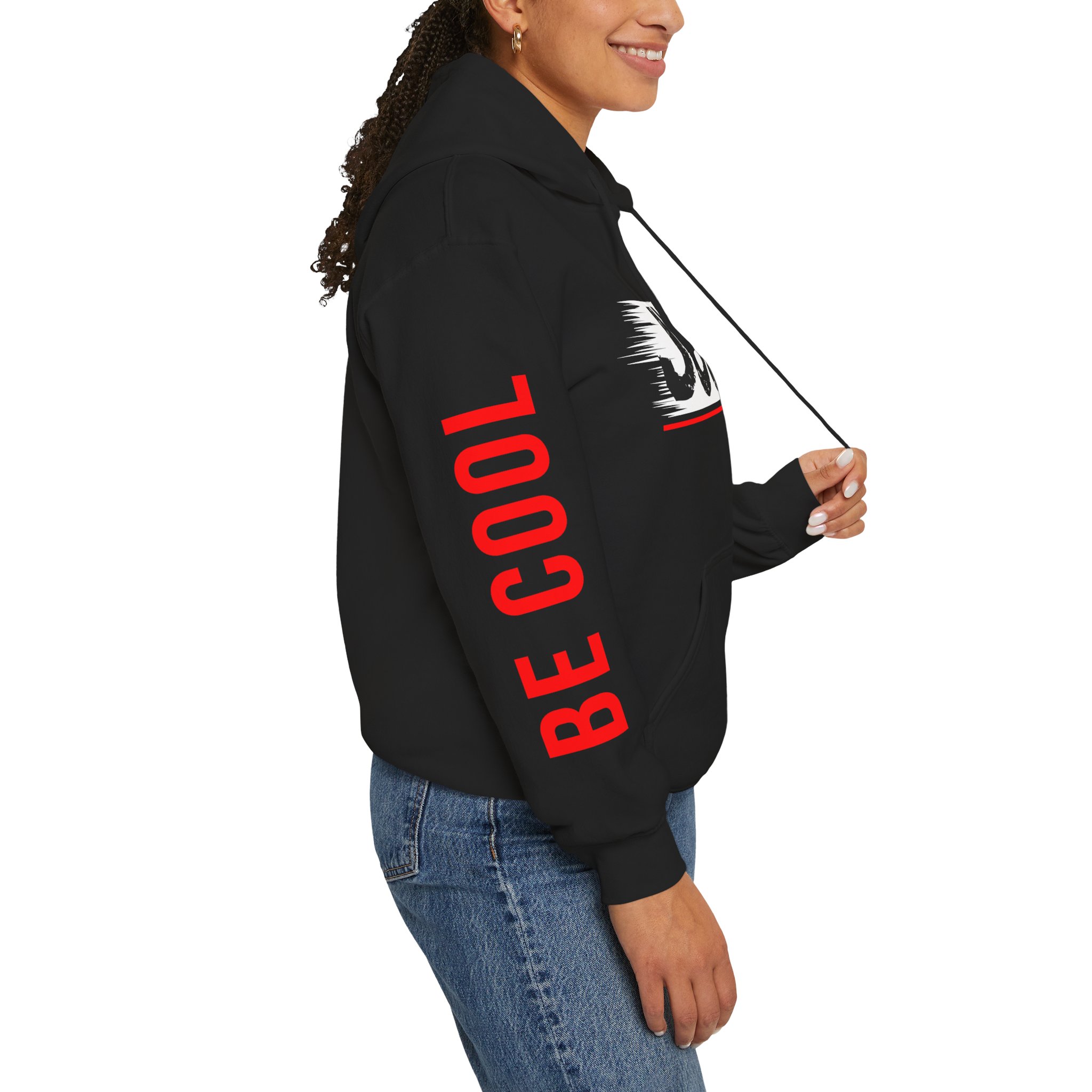 Just Be Cool Hoodie – Graphic Black Pullover with "JUST" Chest Print & Red Sleeve Text - Image 2