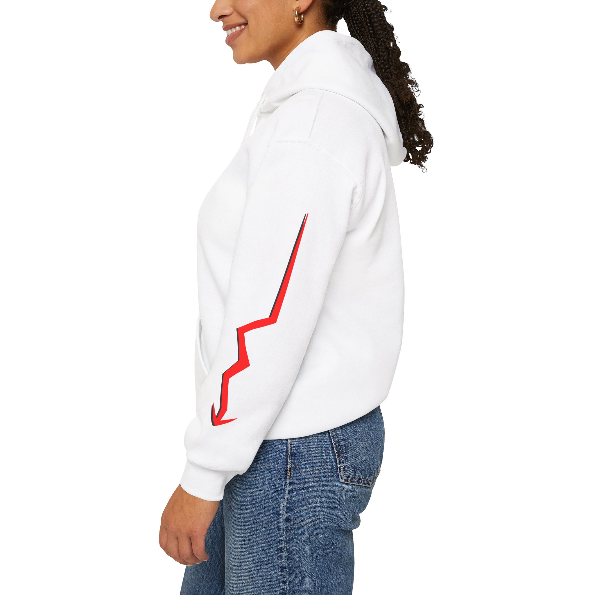 Never Settle Hoodie — White Graphic Pullover with Red Sleeve Lightning - Image 3