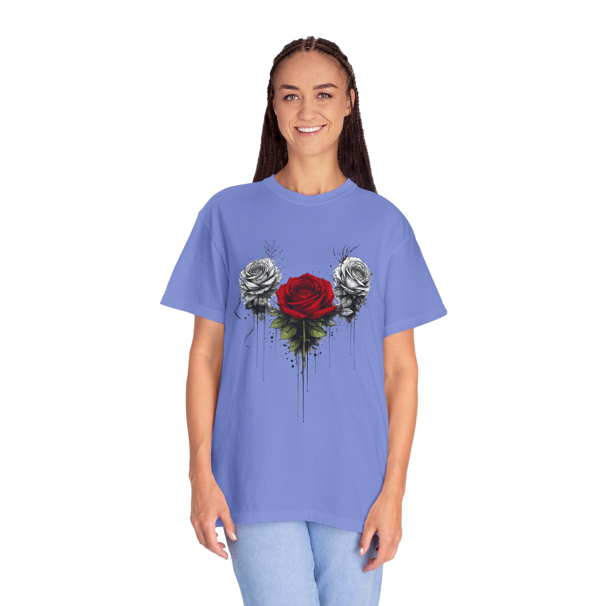 Rose Trio Graphic T-Shirt — Red Center Rose with Black & White Floral Art - Image 13