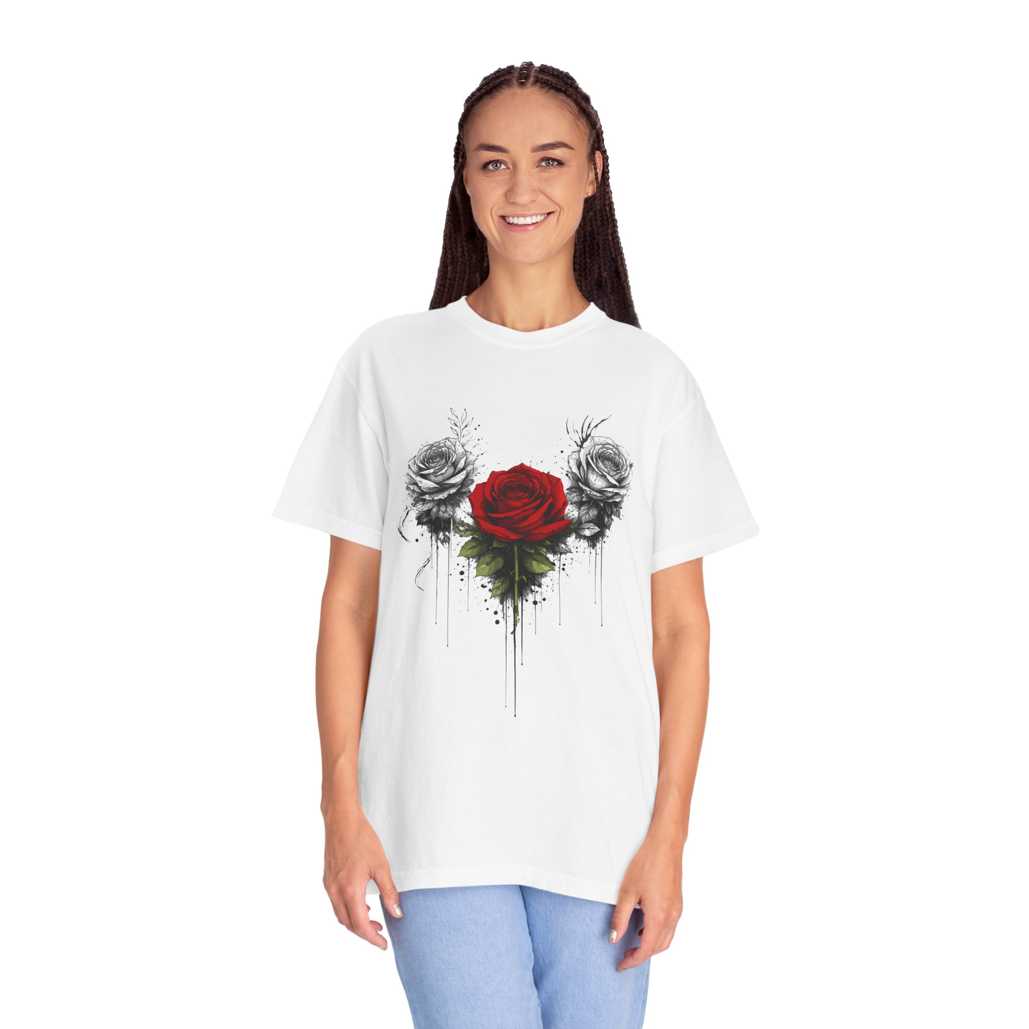Rose Trio Graphic T-Shirt — Red Center Rose with Black & White Floral Art