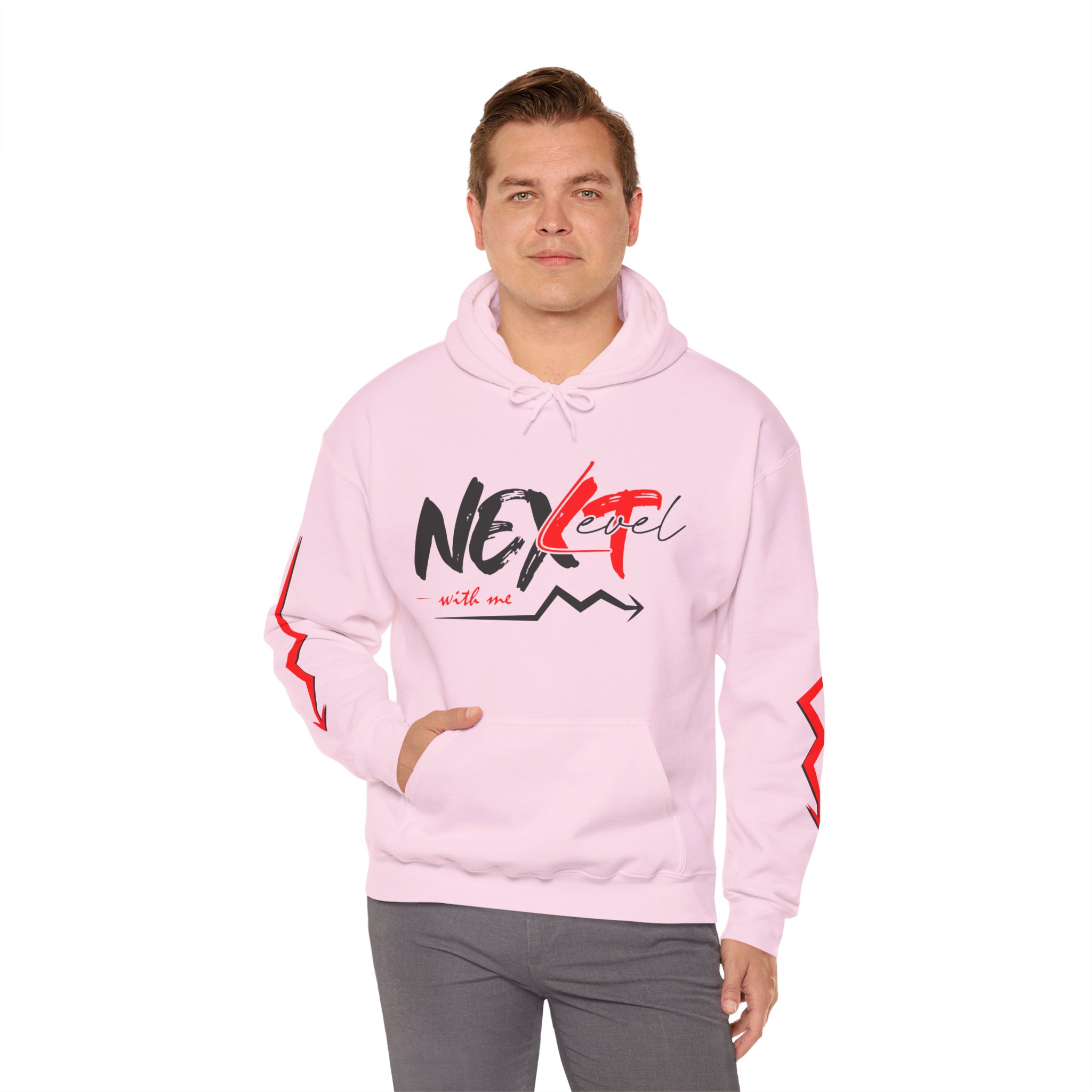 Never Settle Hoodie — White Graphic Pullover with Red Sleeve Lightning - Image 22