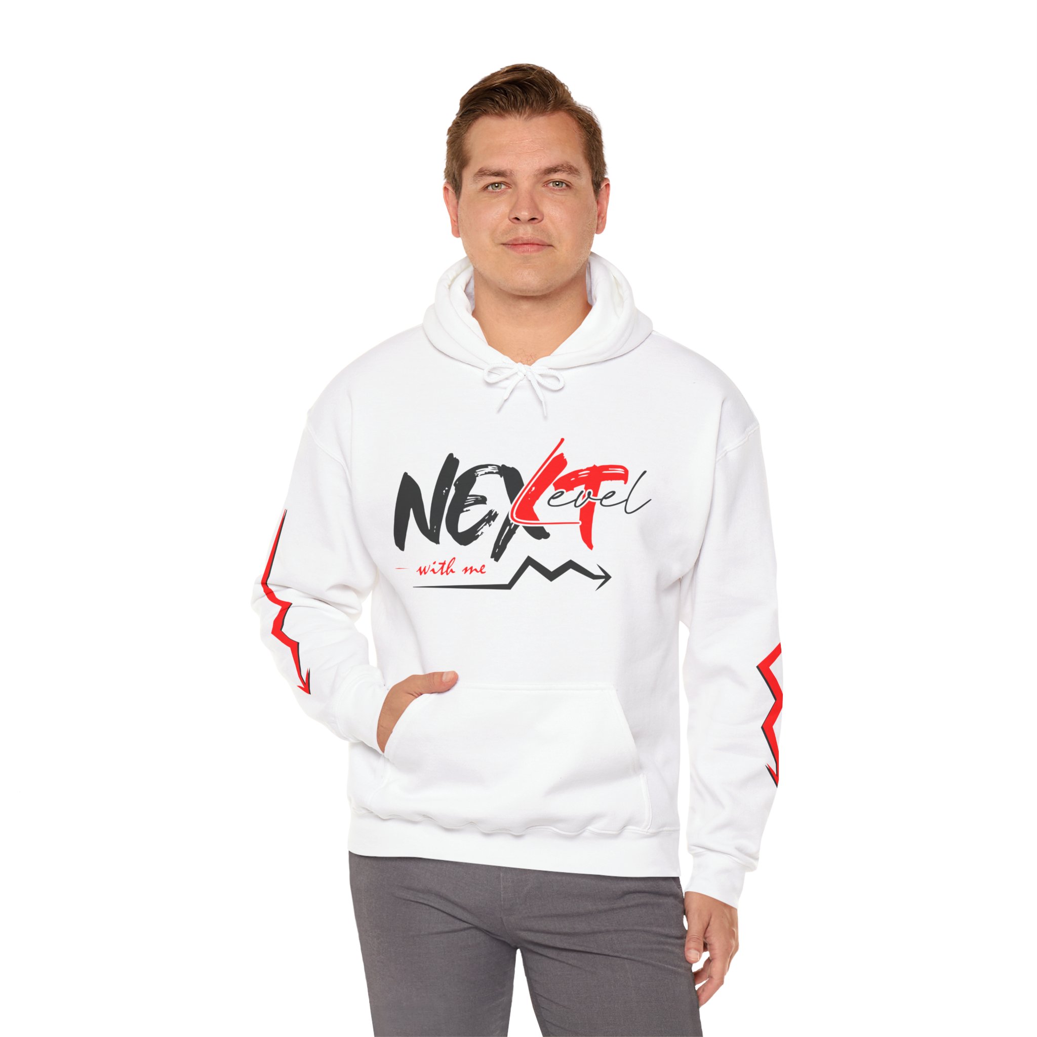 Never Settle Hoodie — White Graphic Pullover with Red Sleeve Lightning