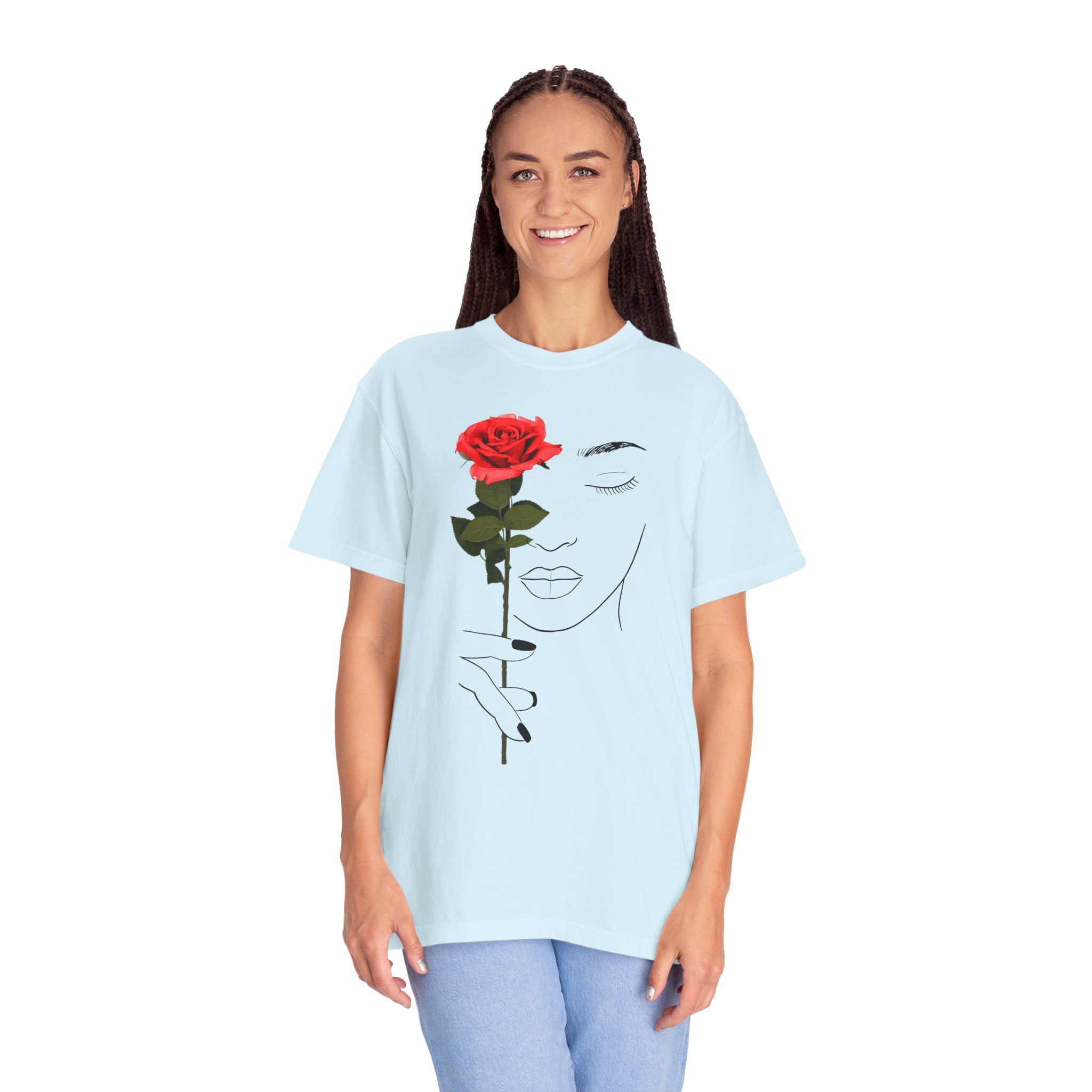 Minimal Line Art Rose T‑Shirt — Woman Holding Red Rose Graphic Tee - Image 12