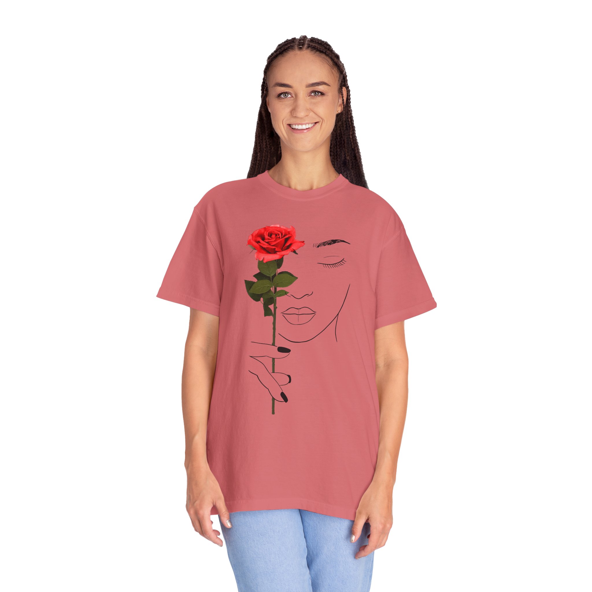 Minimal Line Art Rose T‑Shirt — Woman Holding Red Rose Graphic Tee - Image 19