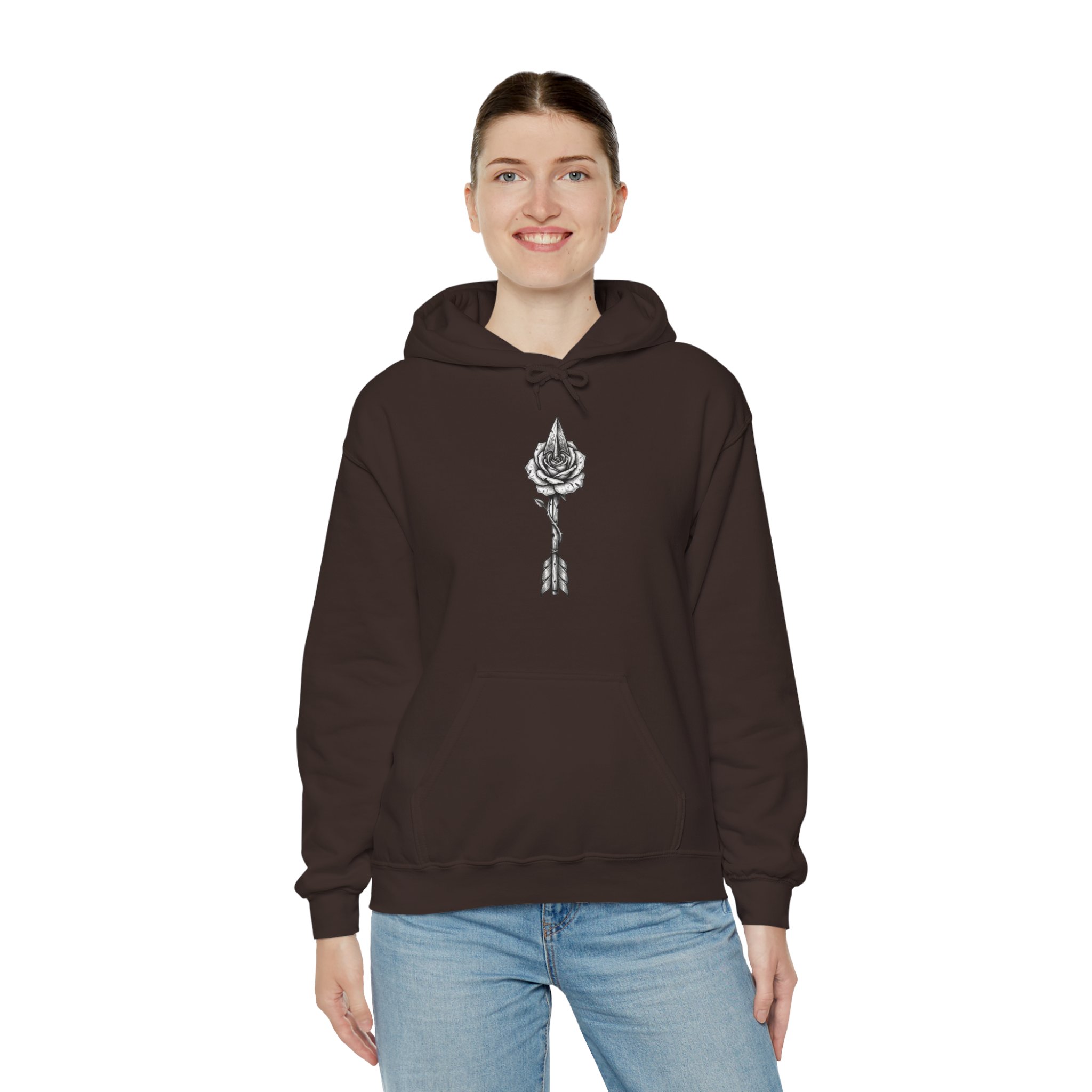 Rose Arrow Hoodie — Minimal Black Floral Arrow Chest Graphic Hoodie - Image 7