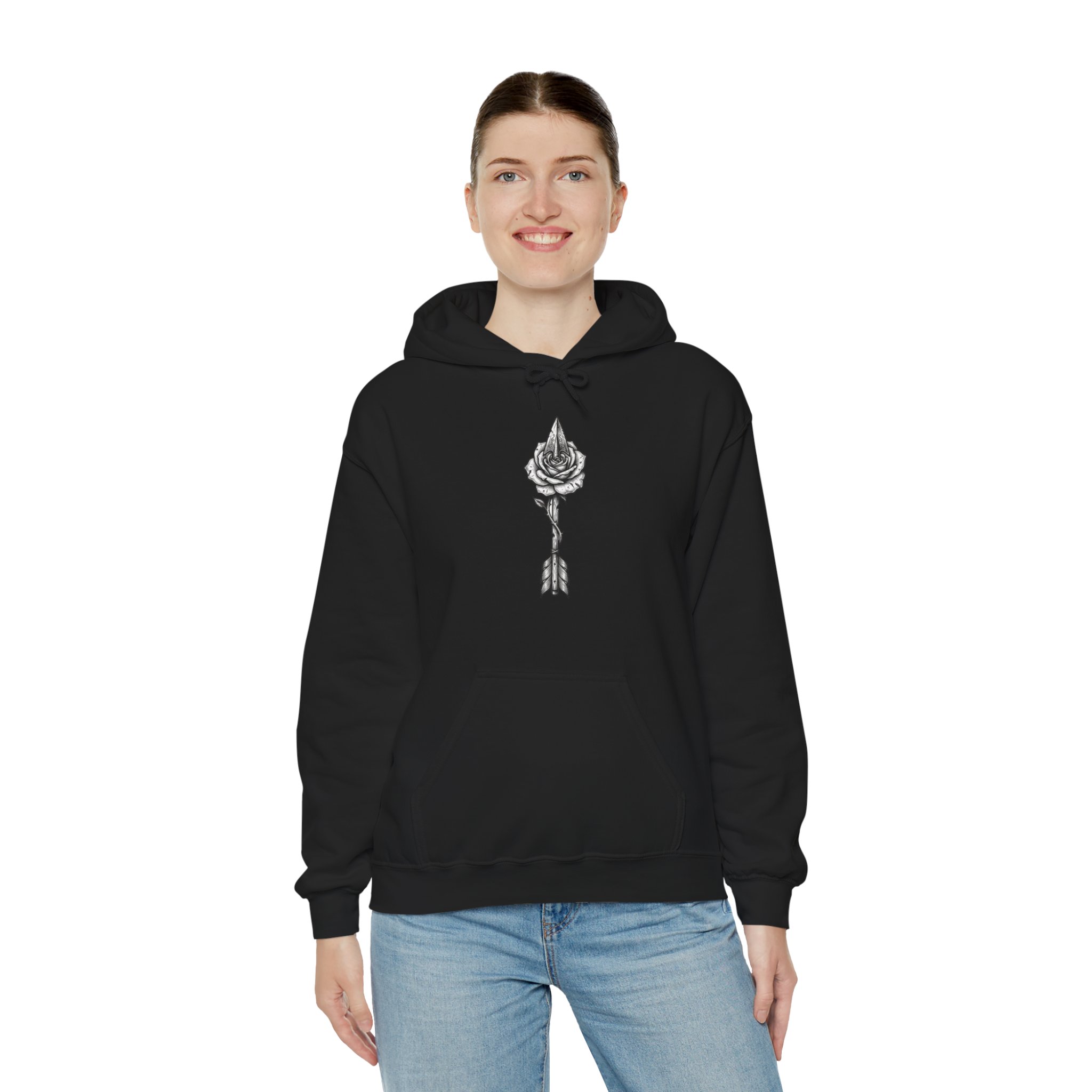 Rose Arrow Hoodie — Minimal Black Floral Arrow Chest Graphic Hoodie - Image 3