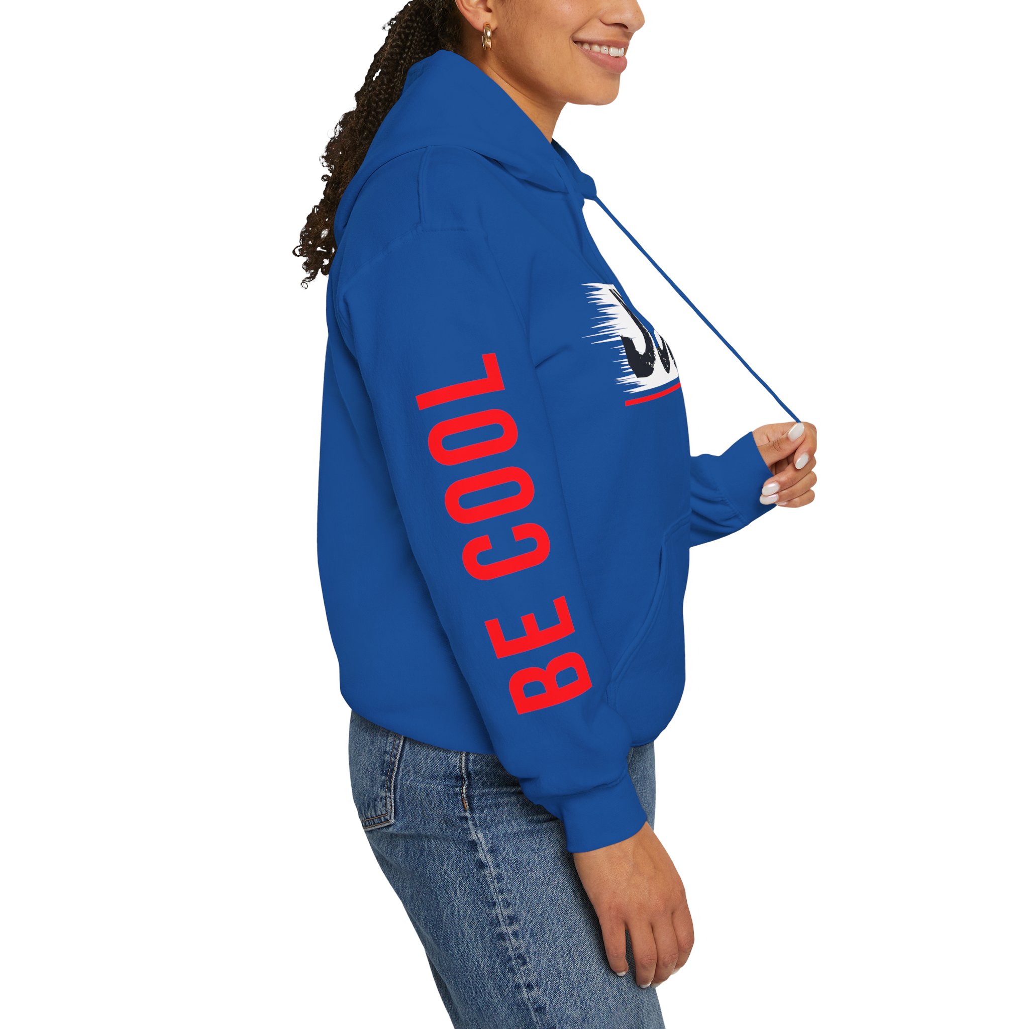 Just Be Cool Hoodie – Graphic Black Pullover with "JUST" Chest Print & Red Sleeve Text - Image 20