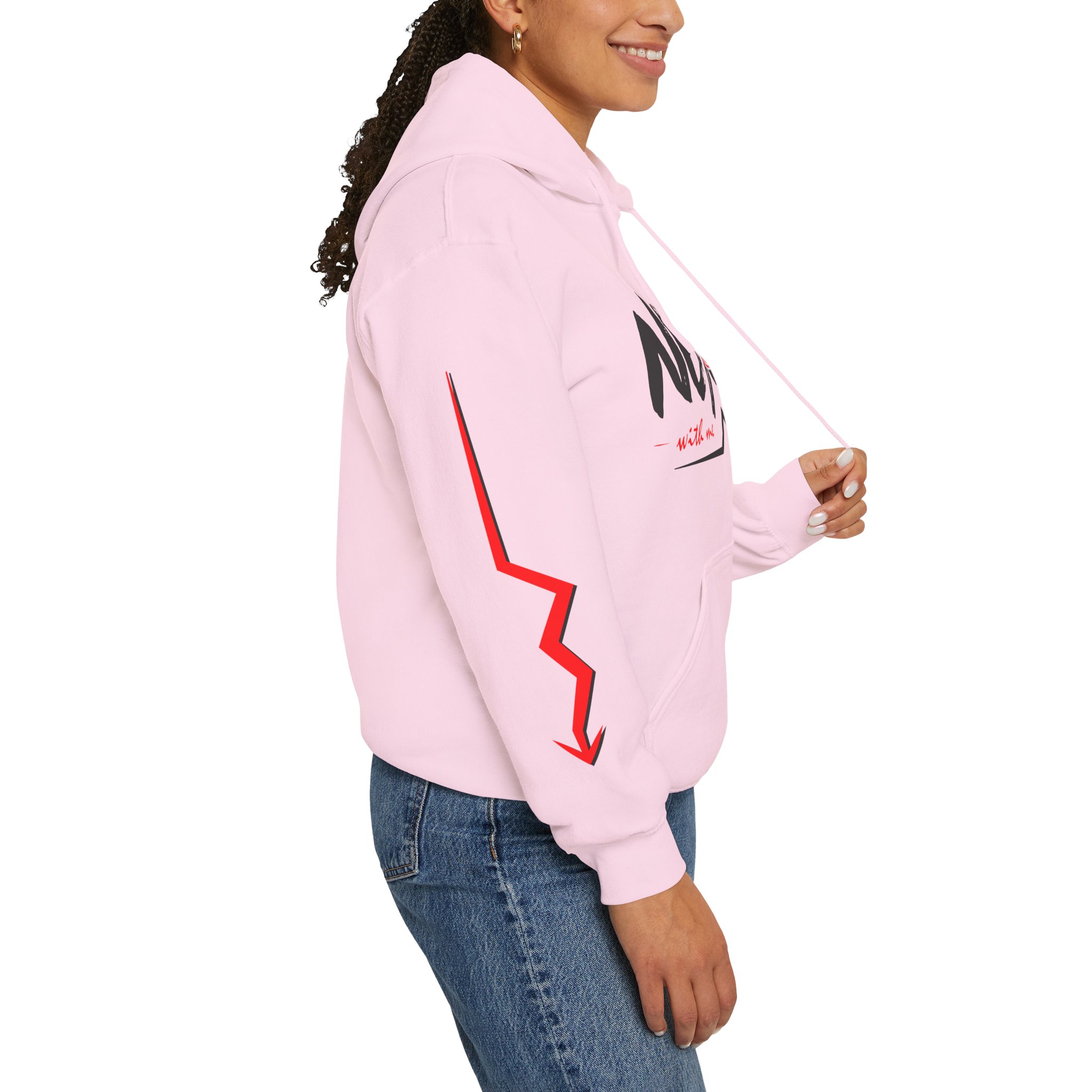 Never Settle Hoodie — White Graphic Pullover with Red Sleeve Lightning - Image 23
