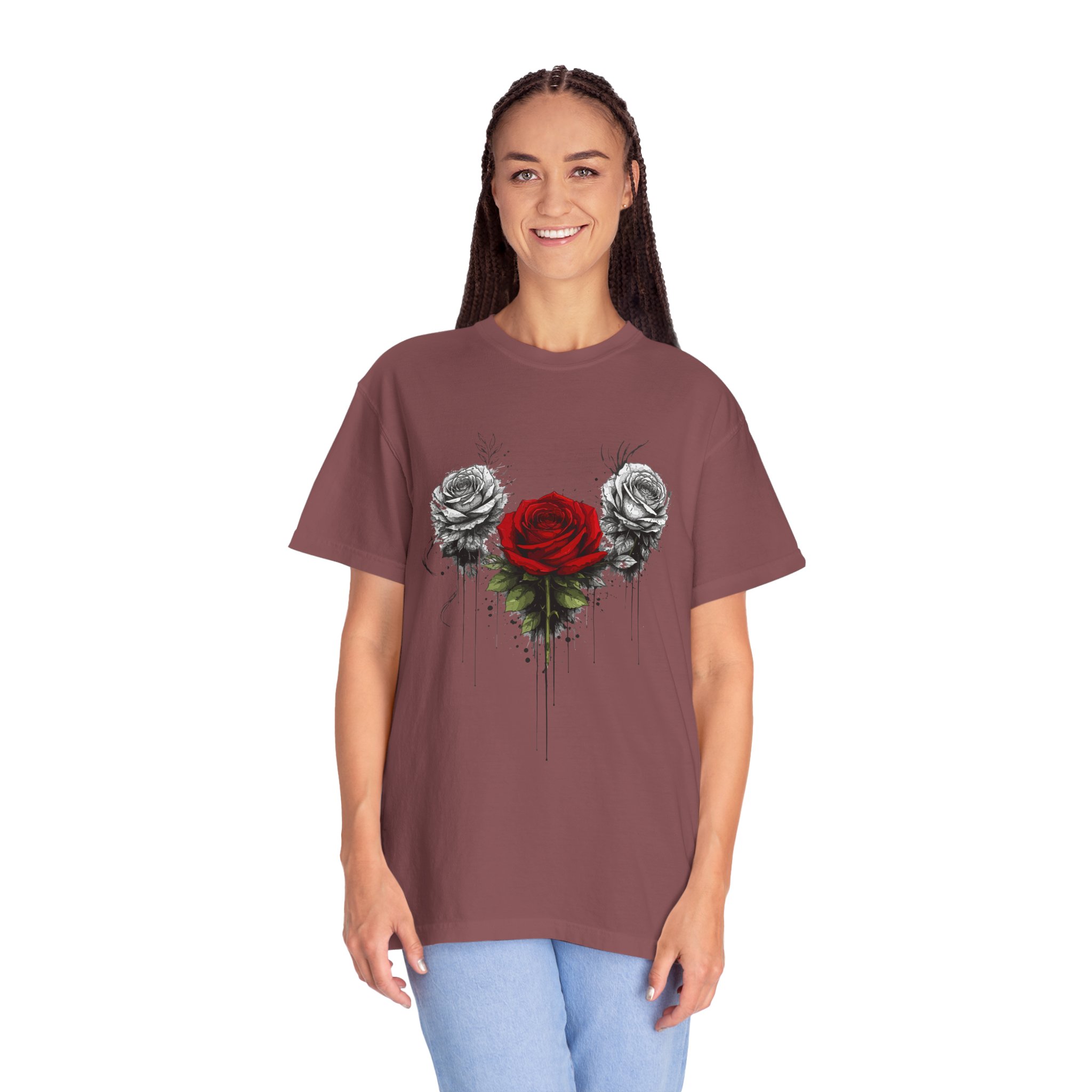 Rose Trio Graphic T-Shirt — Red Center Rose with Black & White Floral Art - Image 3