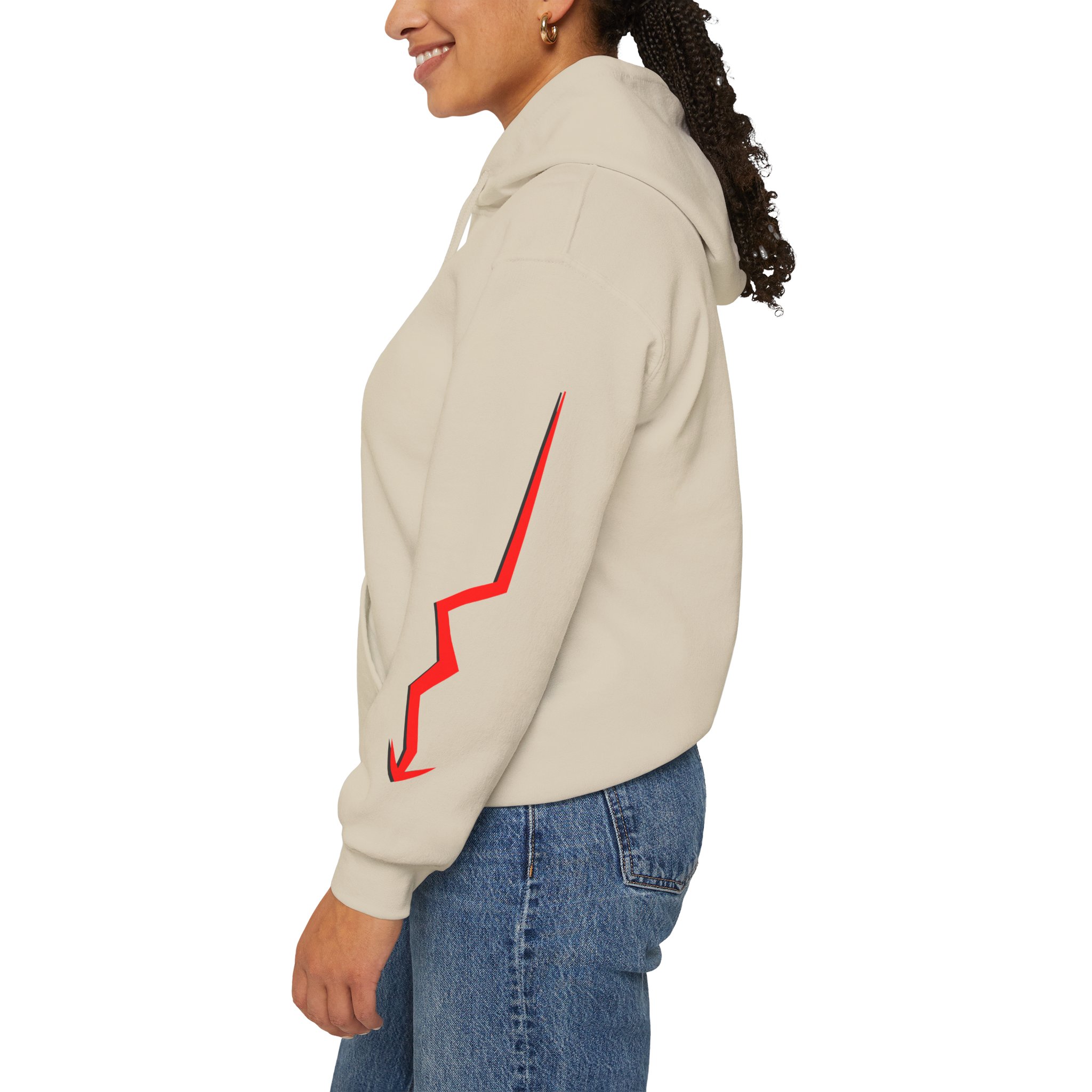 Never Settle Hoodie — White Graphic Pullover with Red Sleeve Lightning - Image 9