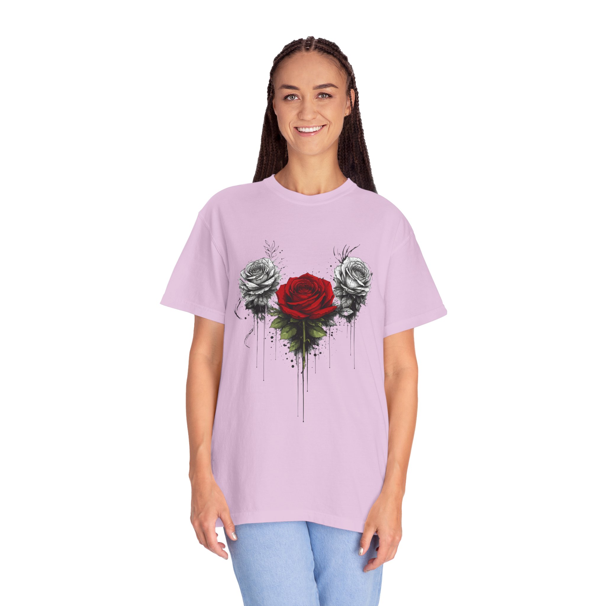 Rose Trio Graphic T-Shirt — Red Center Rose with Black & White Floral Art - Image 17
